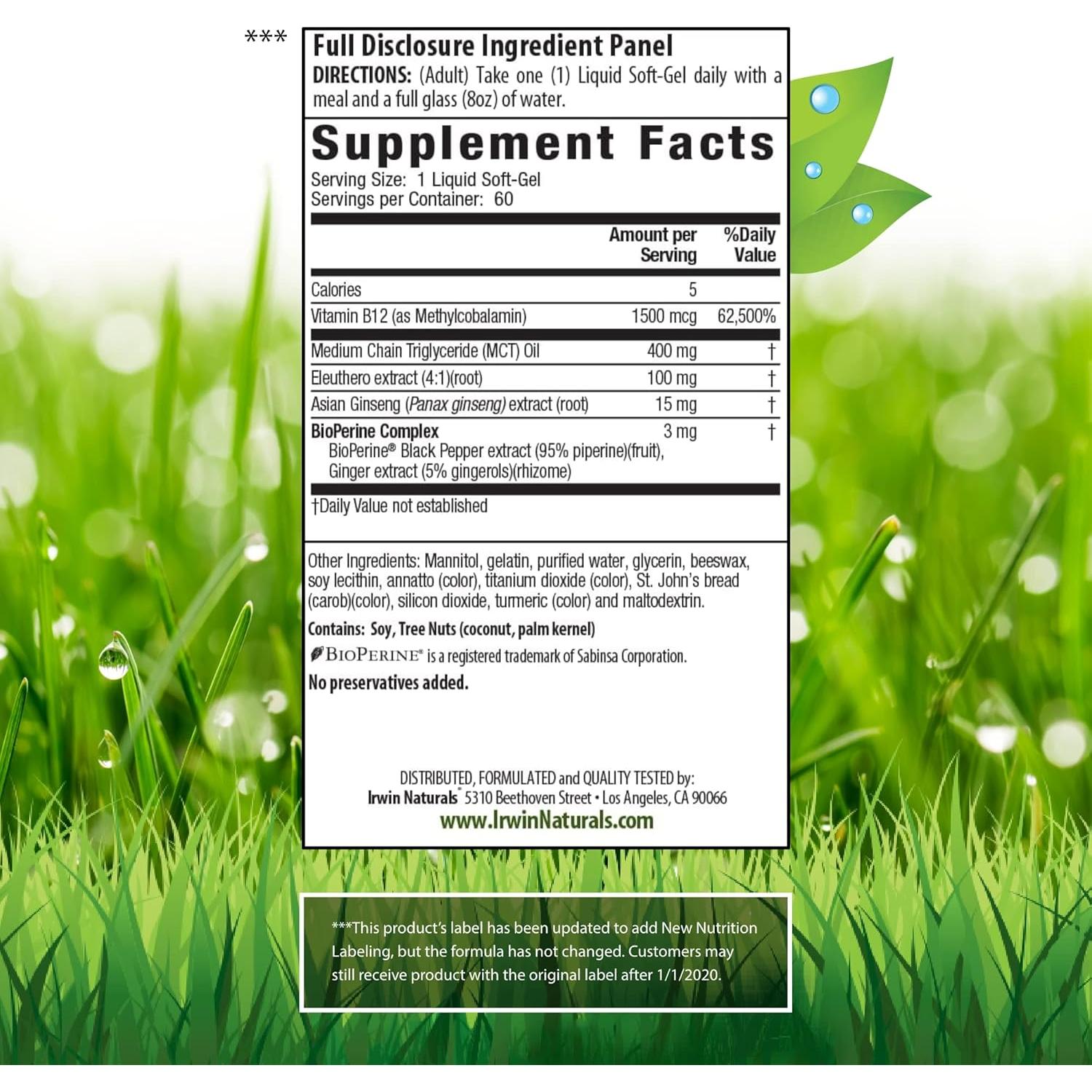 Irwin Naturals Mega B-12 1500mcg Metilcobalamina Energía 60 Gelatinas