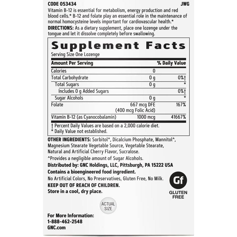 GNC Vitamina B-12 1000mcg Cereza 120 Pastillas Energía