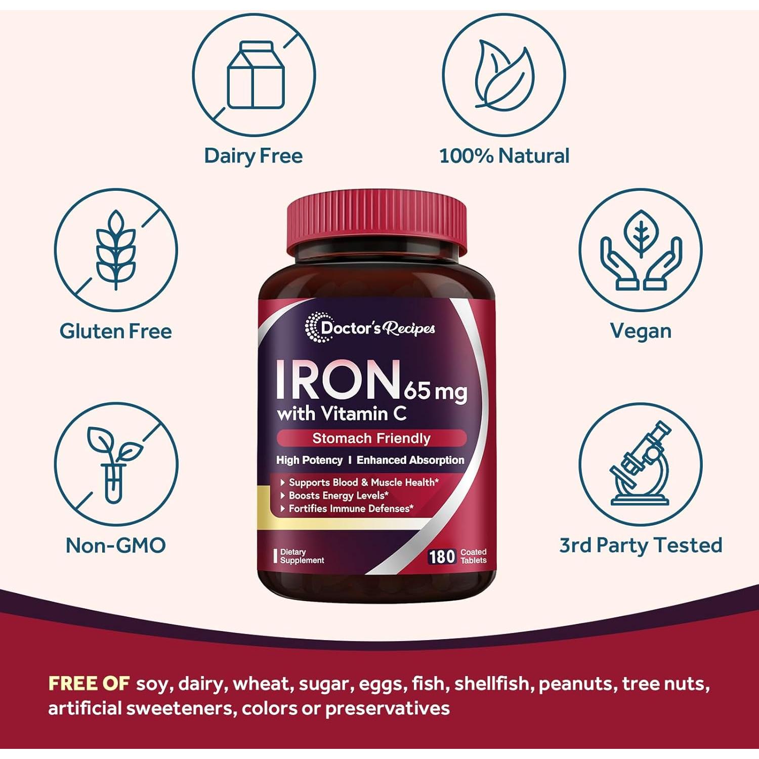 Suplemento de Hierro Recetas del Doctor 65 mg + Vitamina C 180 Tabletas