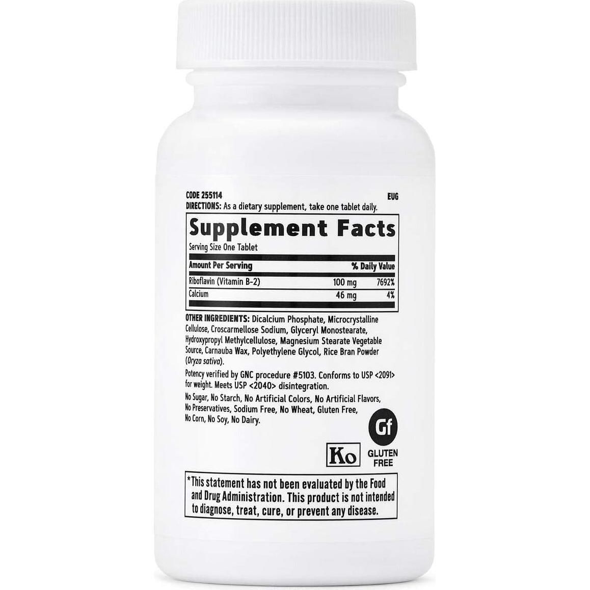 Suplemento de Vitamina B2 100mg GNC - 100 Tabletas Vegetarianas