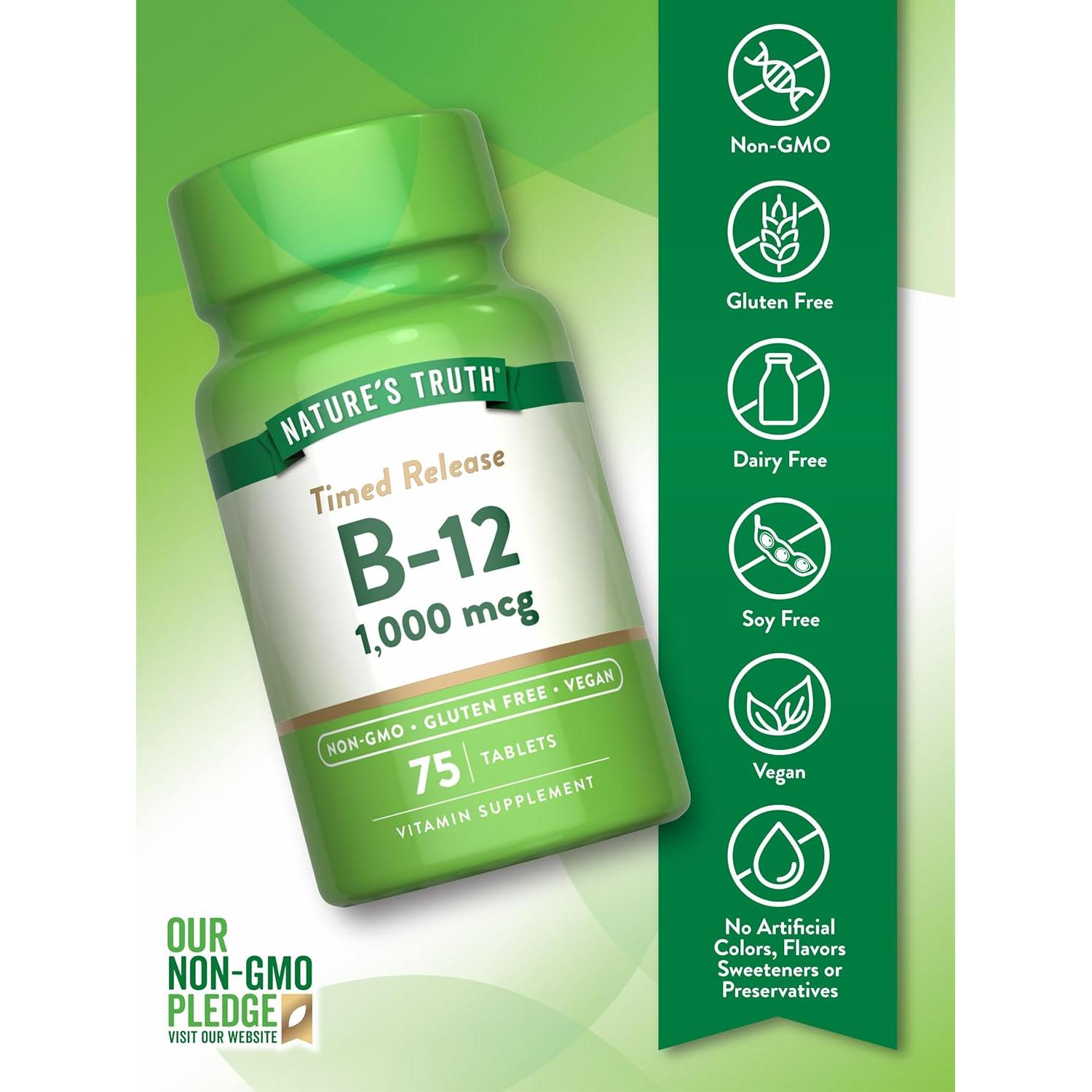 Suplemento Vitamina B12 Nature's Truth 1000 mcg 75 Tabletas Veganas