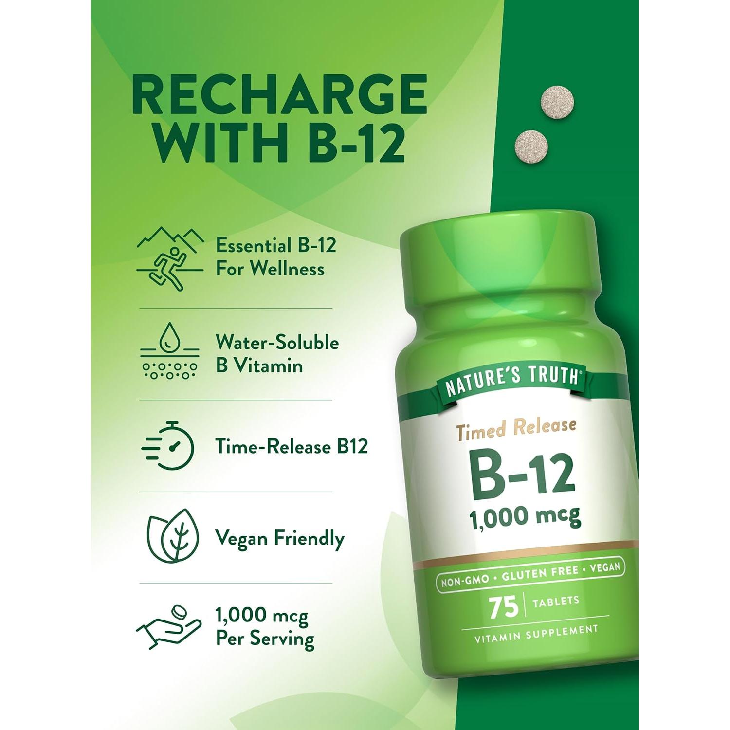 Suplemento Vitamina B12 Nature's Truth 1000 mcg 75 Tabletas Veganas