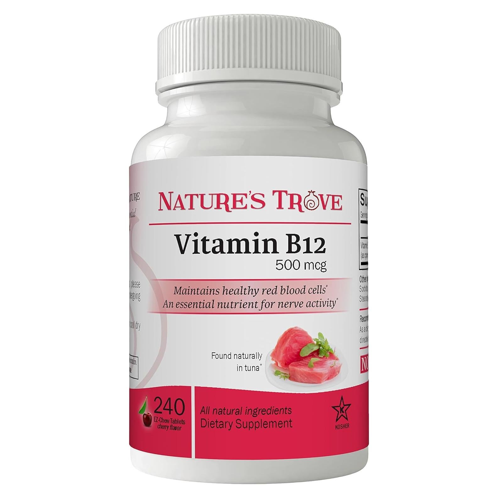 Vitamina B12 500 mcg Nature's Trove - 240 Tabletas Masticables Cereza