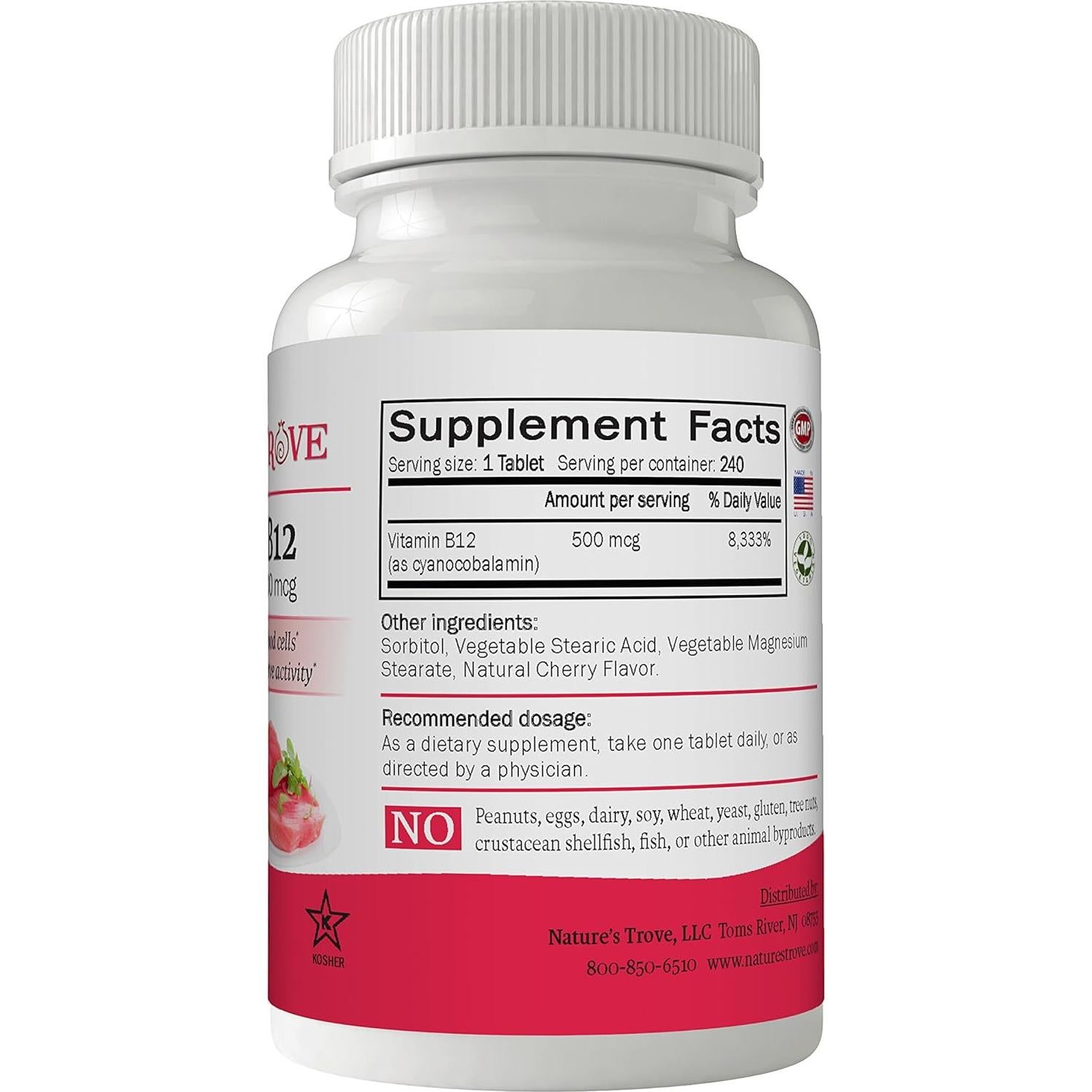 Vitamina B12 500 mcg Nature's Trove - 240 Tabletas Masticables Cereza