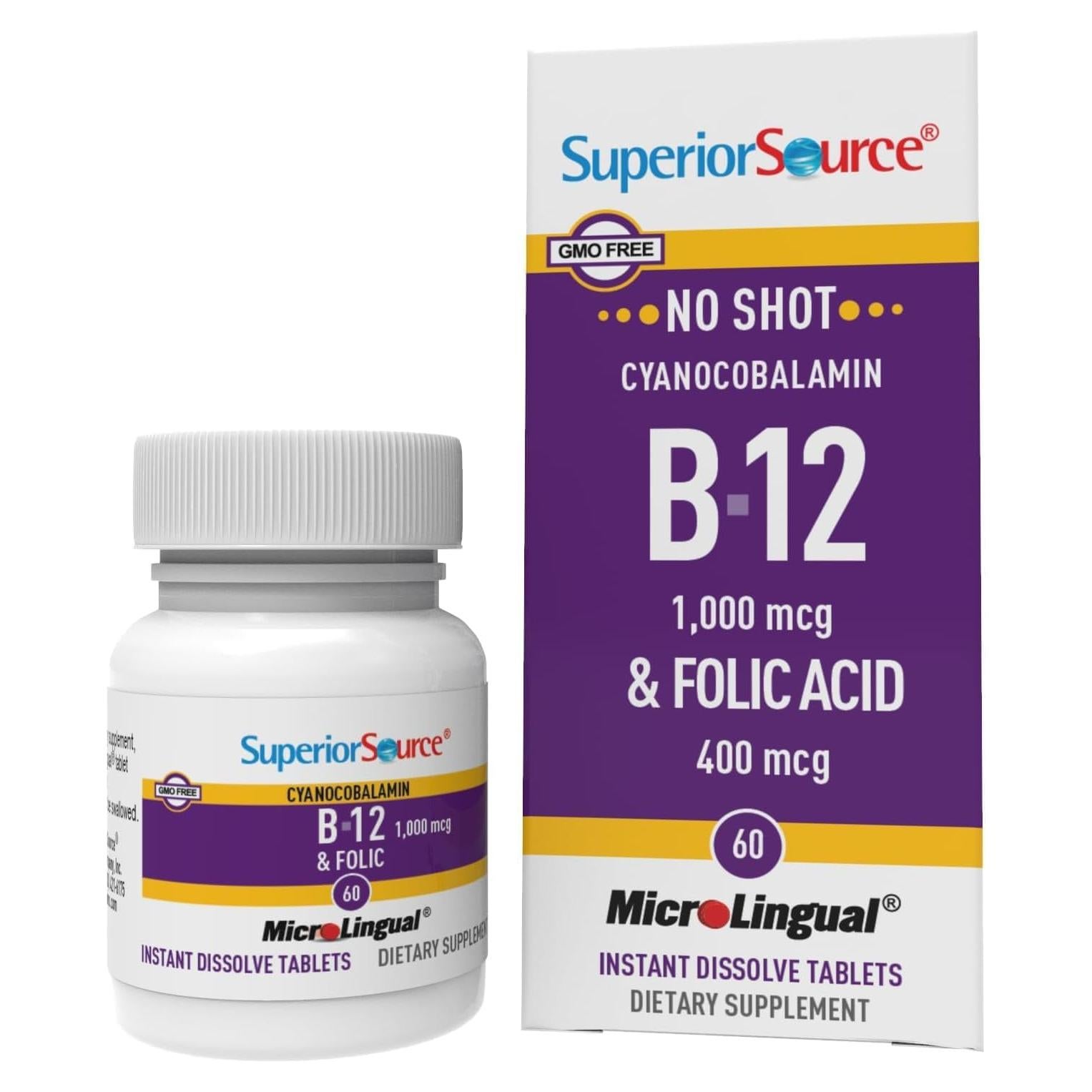 Tabletas Sublinguales Vitamina B-12 1000 mcg y Ácido Fólico 400 mcg - Superior Source - 60 Unidades
