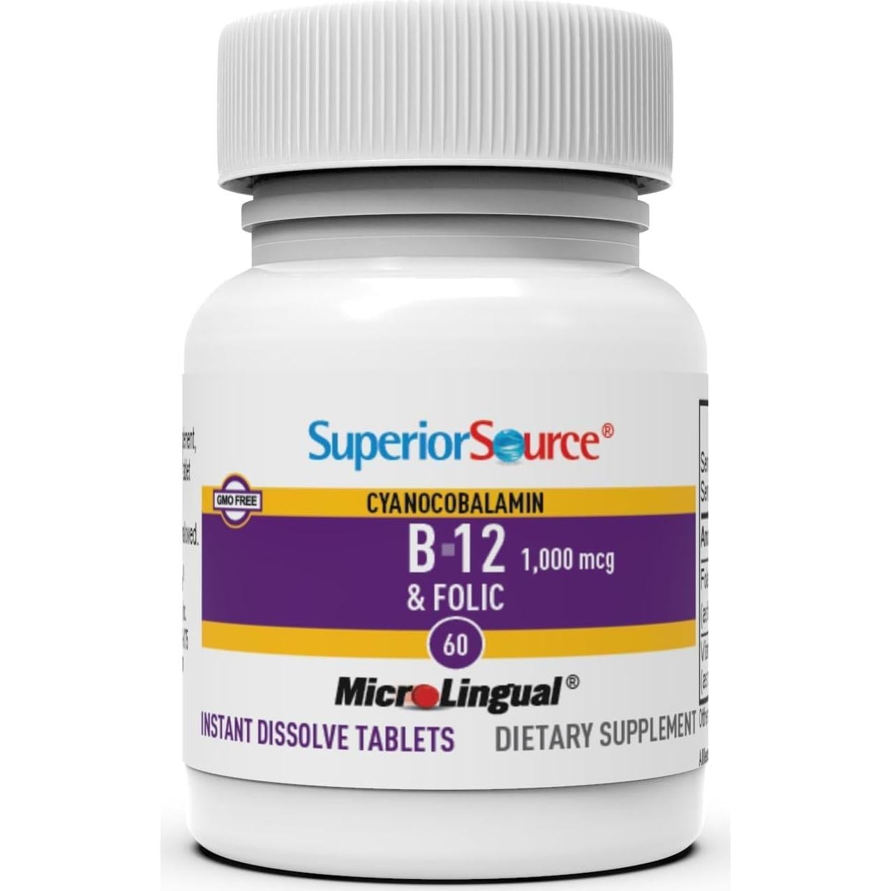 Tabletas Sublinguales Vitamina B-12 1000 mcg y Ácido Fólico 400 mcg - Superior Source - 60 Unidades