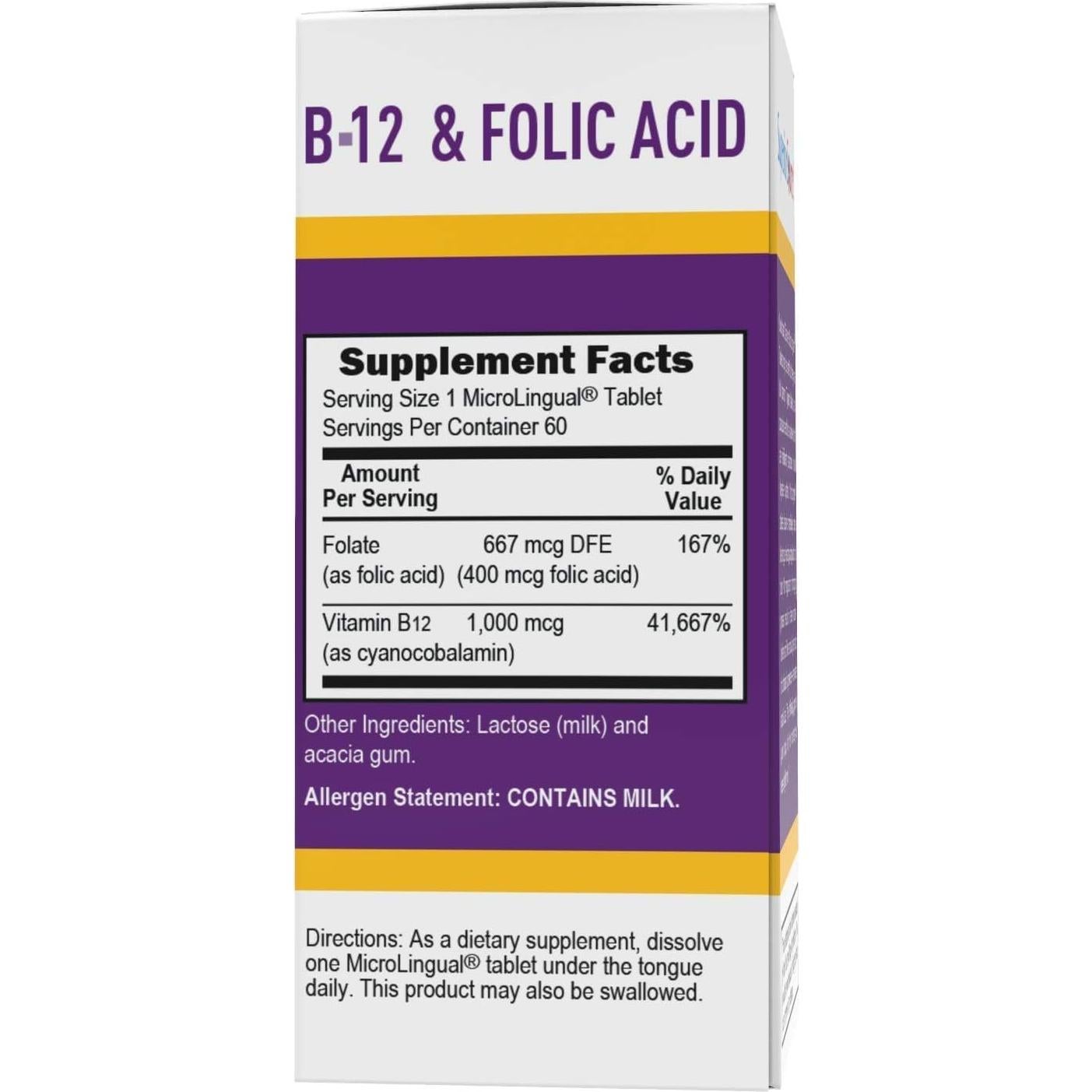 Tabletas Sublinguales Vitamina B-12 1000 mcg y Ácido Fólico 400 mcg - Superior Source - 60 Unidades