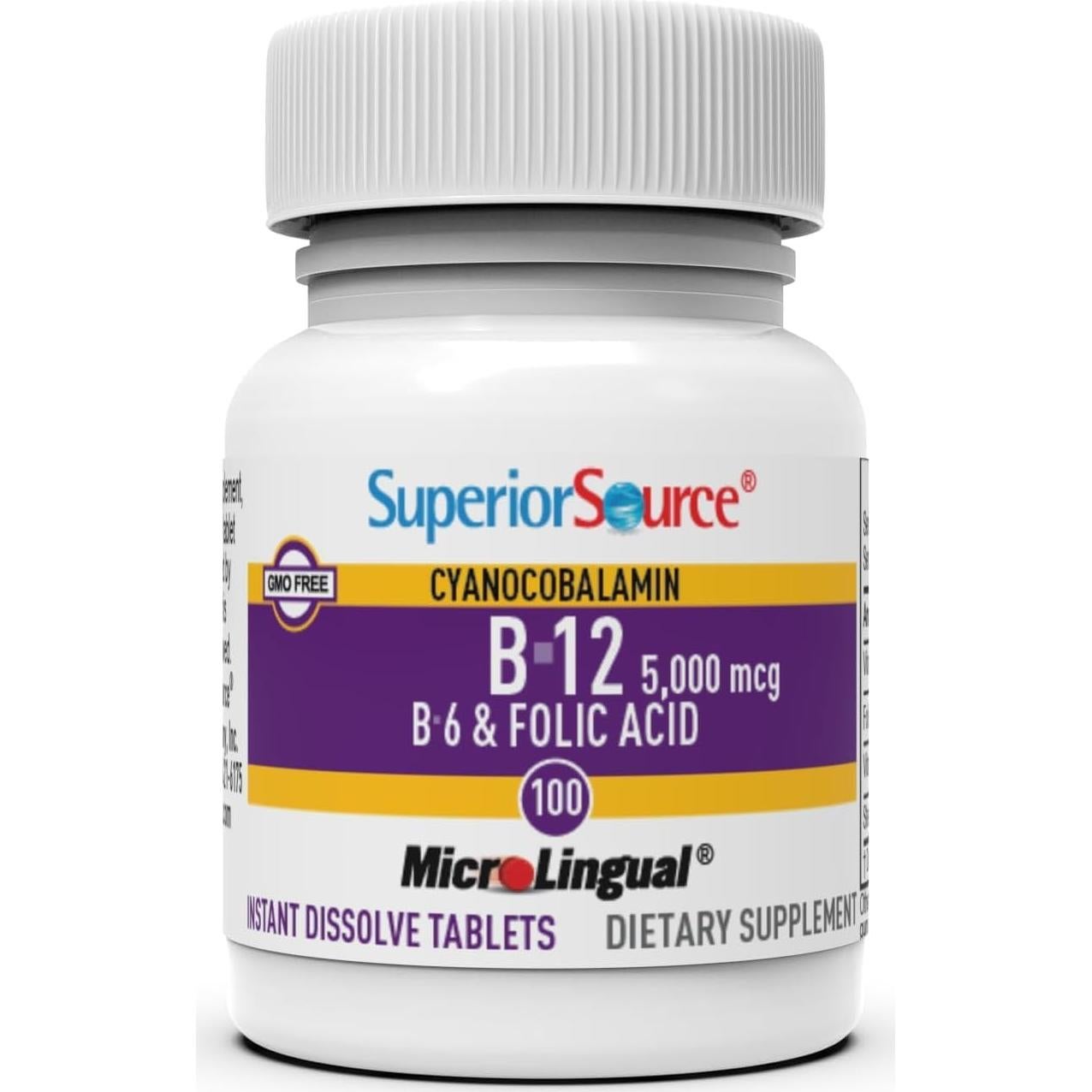 Vitamina B12 Sublingual Superior Source 5000 mcg + B6 + Ácido Fólico 800 mcg - 100 Tabletas