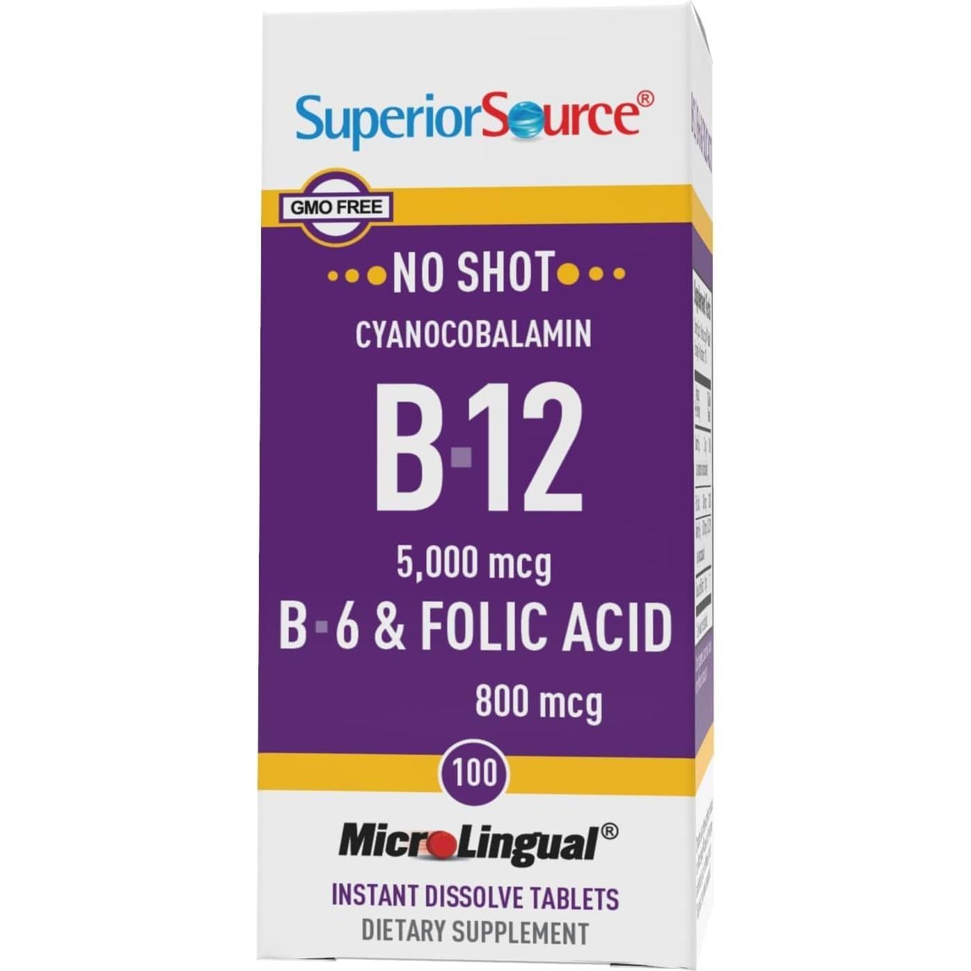 Vitamina B12 Sublingual Superior Source 5000 mcg + B6 + Ácido Fólico 800 mcg - 100 Tabletas