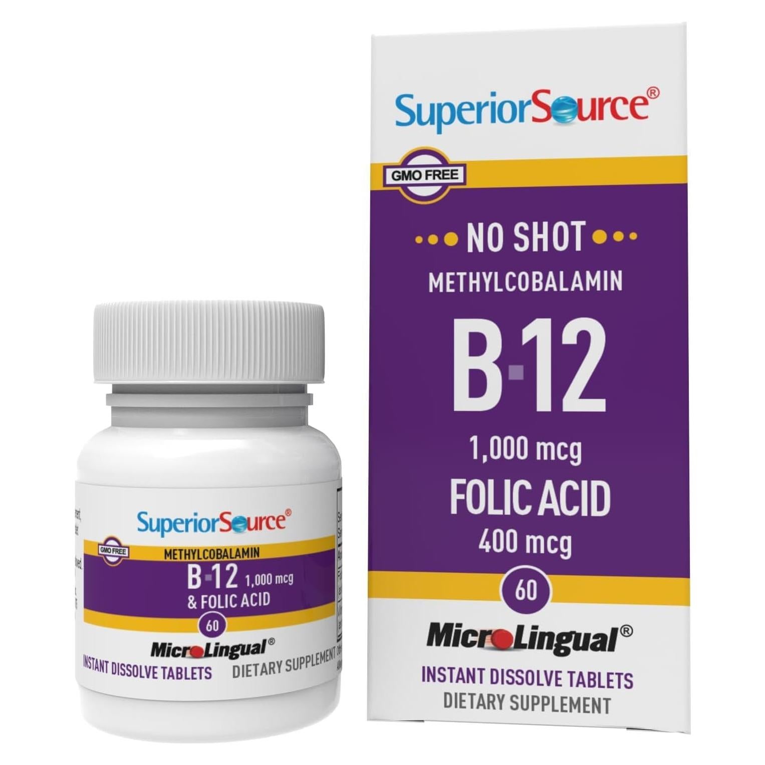 Tabletas Sublinguales Vitamina B12 Metilcobalamina 1000 mcg + Ácido Fólico 60 Unidades - Superior Source