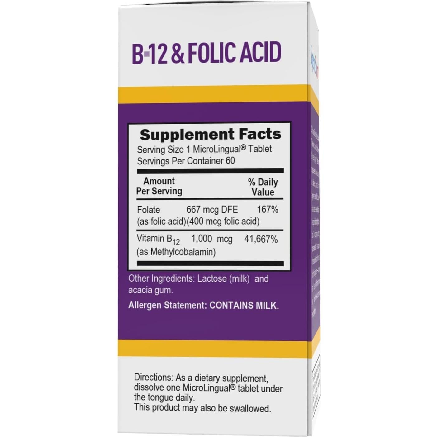 Tabletas Sublinguales Vitamina B12 Metilcobalamina 1000 mcg + Ácido Fólico 60 Unidades - Superior Source
