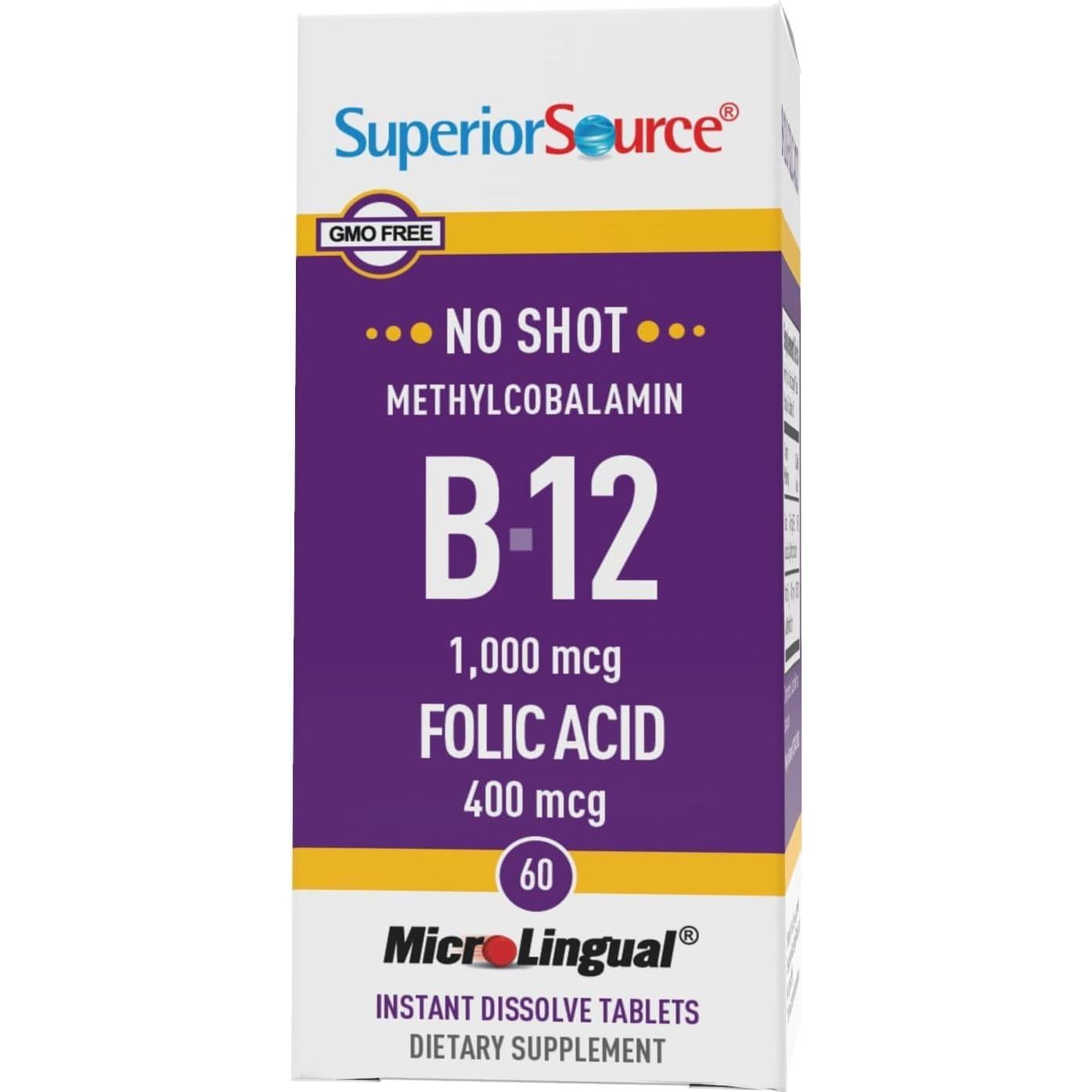 Tabletas Sublinguales Vitamina B12 Metilcobalamina 1000 mcg + Ácido Fólico 60 Unidades - Superior Source