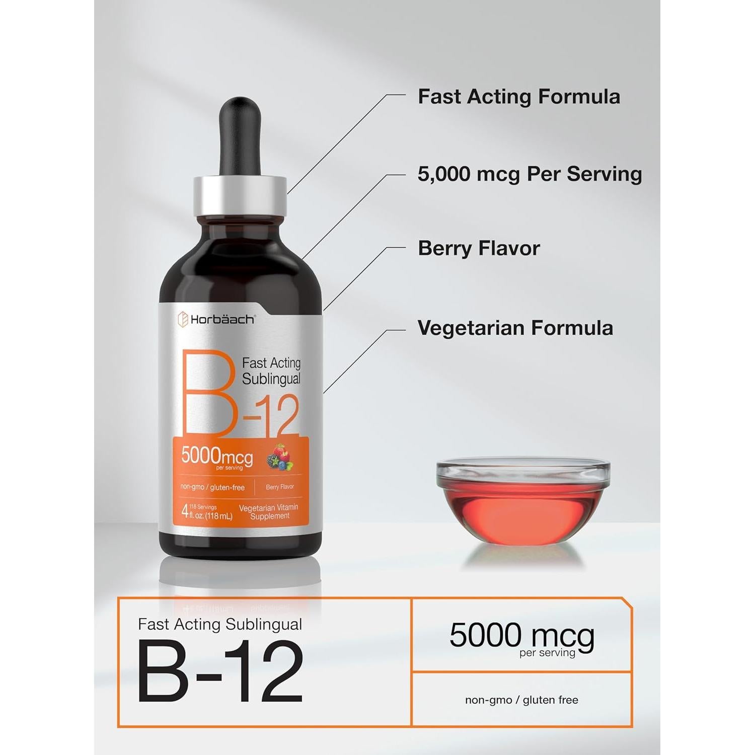 Suplemento de Vitamina B12 Horbaach 5000 mcg Gotas Líquidas Sabor Baya