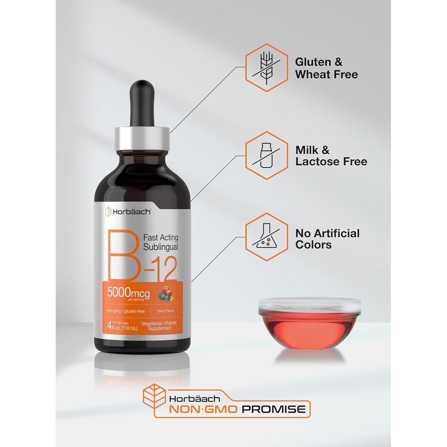 Suplemento de Vitamina B12 Horbaach 5000 mcg Gotas Líquidas Sabor Baya