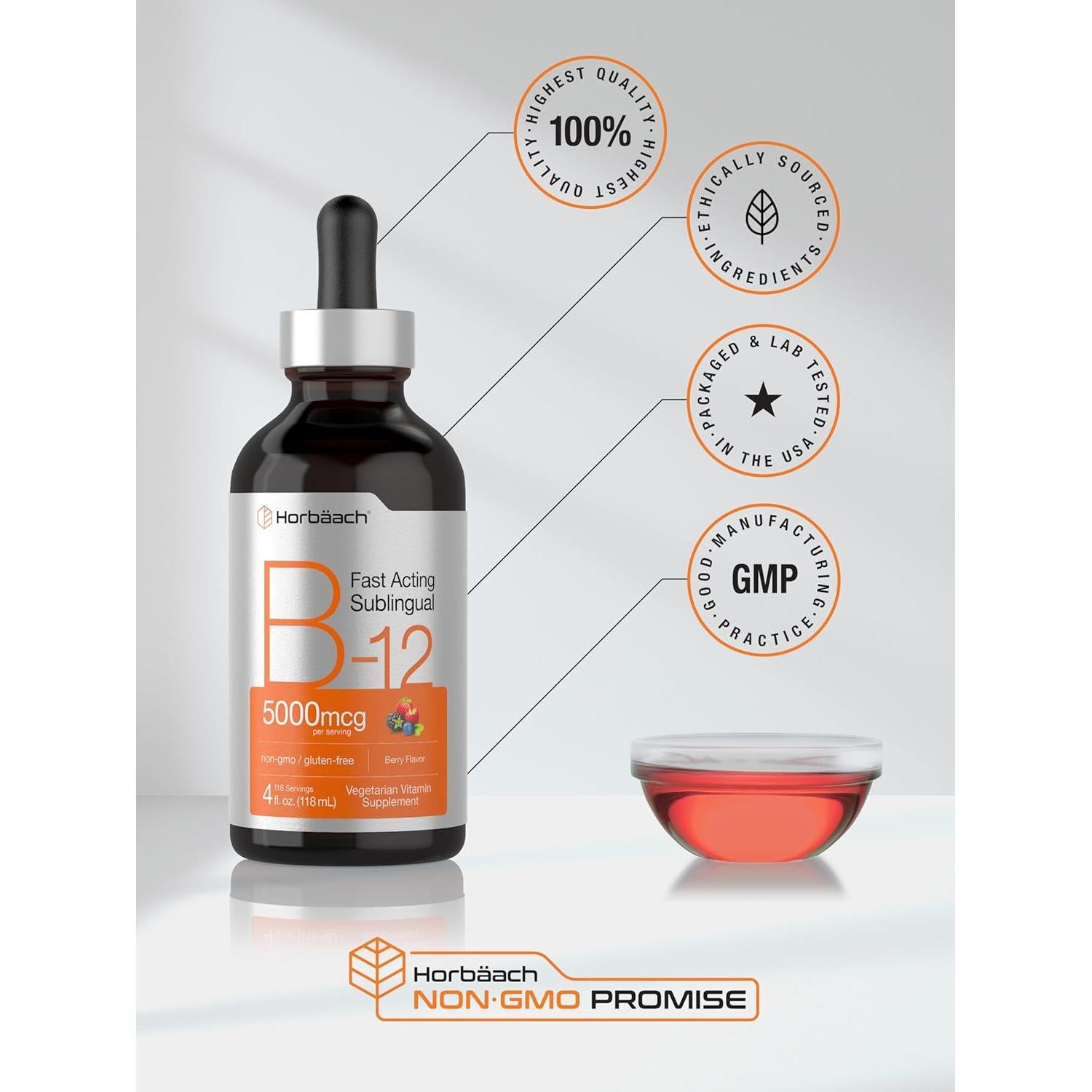 Suplemento de Vitamina B12 Horbaach 5000 mcg Gotas Líquidas Sabor Baya