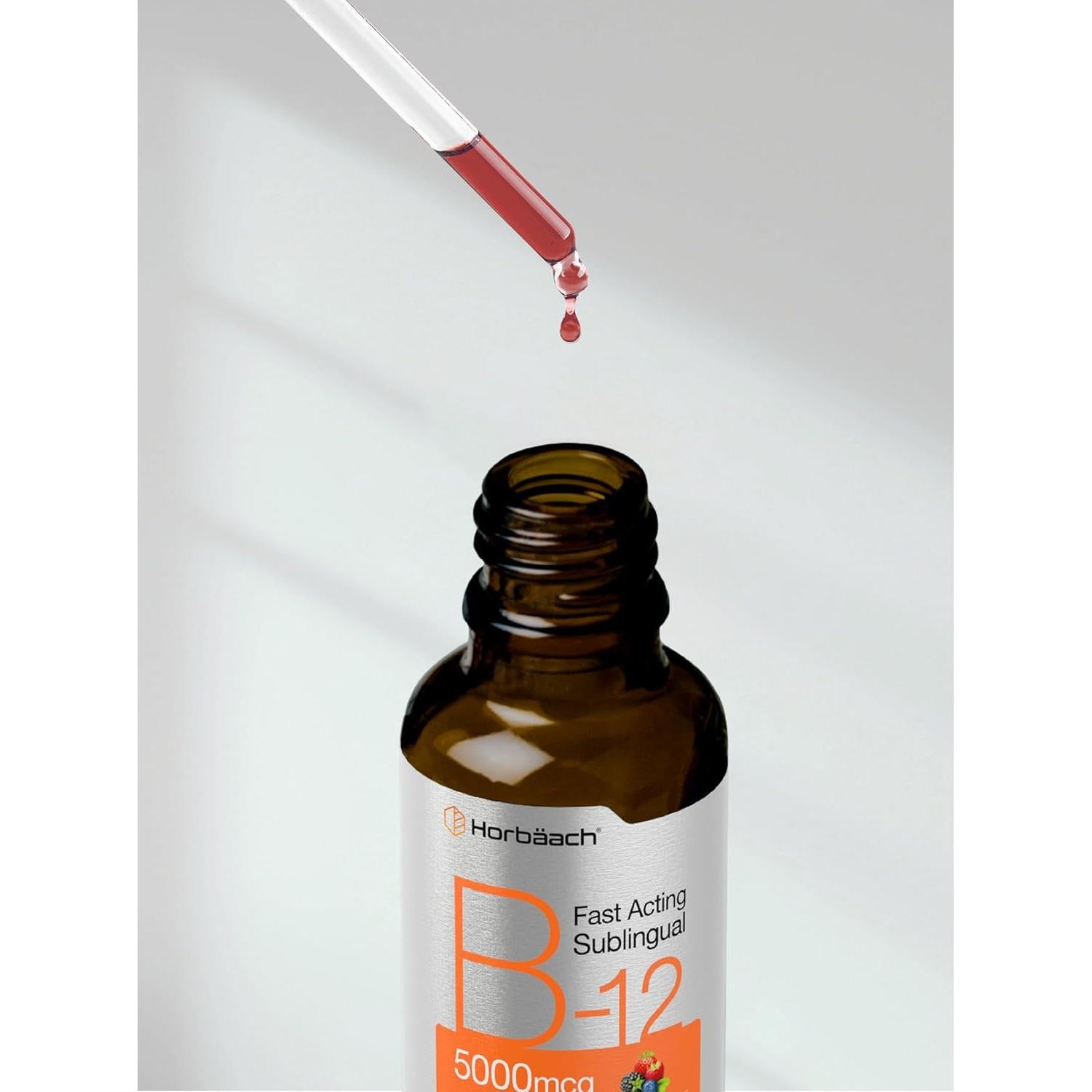 Suplemento de Vitamina B12 Horbaach 5000 mcg Gotas Líquidas Sabor Baya