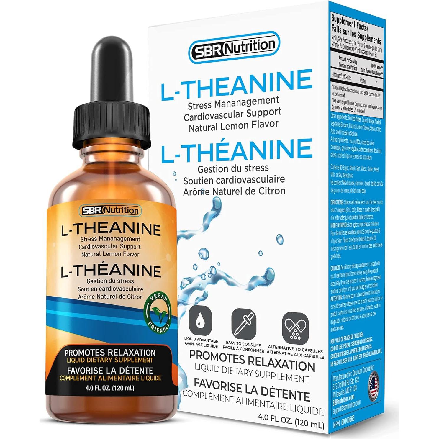 Gotas de L-Teanina Líquida SBR Nutrition 225 mg - Vegano, Sin Alcohol