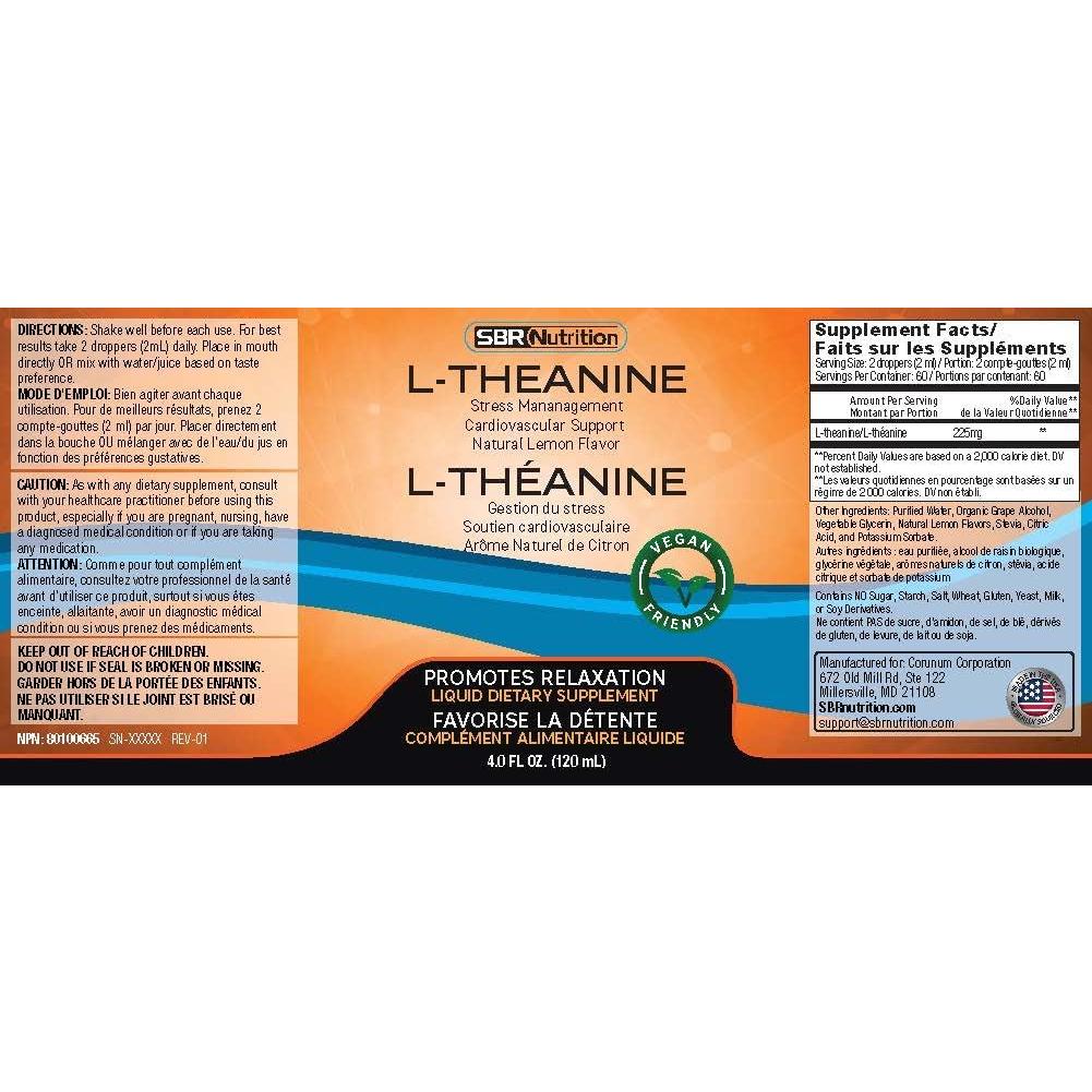 Gotas de L-Teanina Líquida SBR Nutrition 225 mg - Vegano, Sin Alcohol