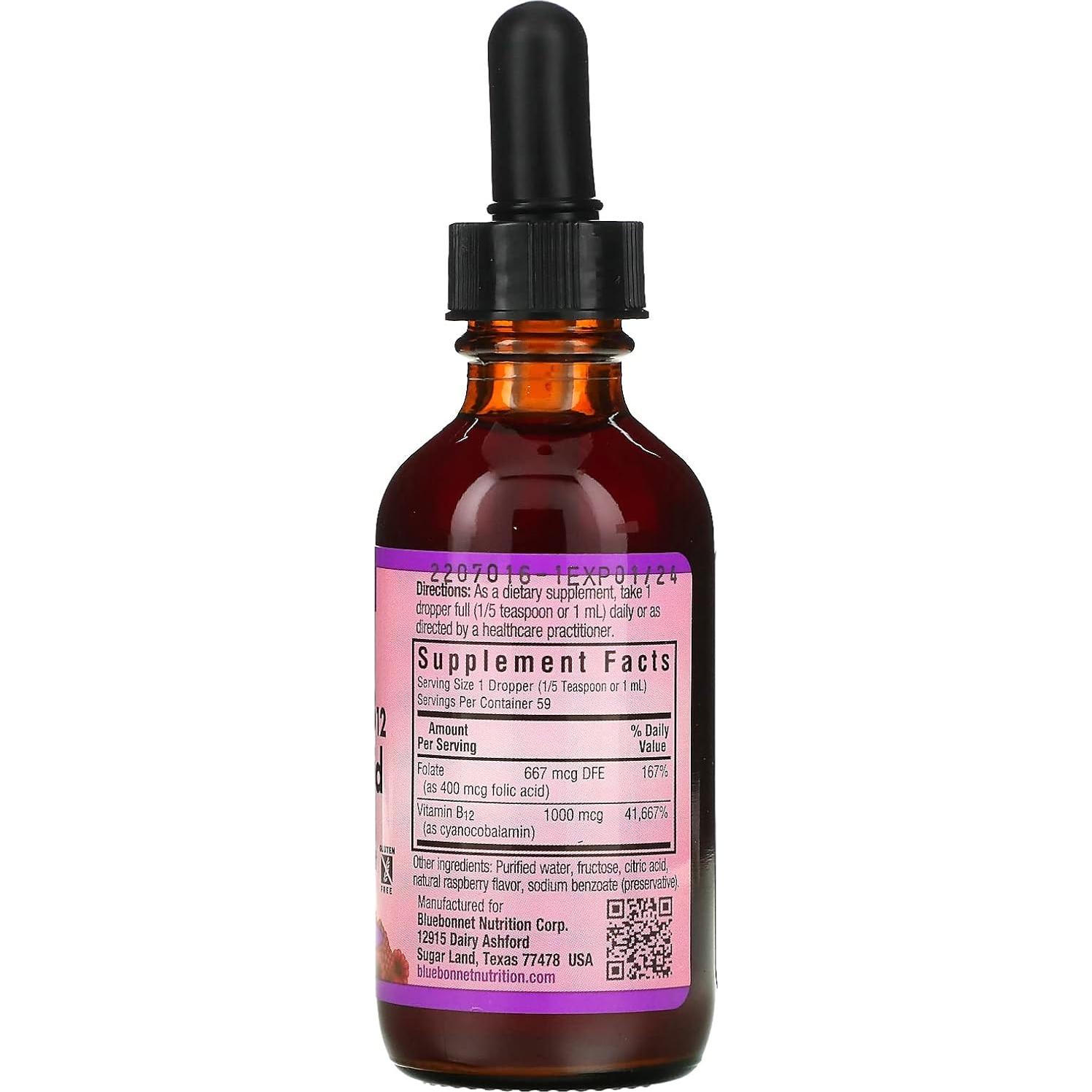 Vitamina B12 Líquida Bluebonnet 1000 mcg + Ácido Fólico 400 mcg