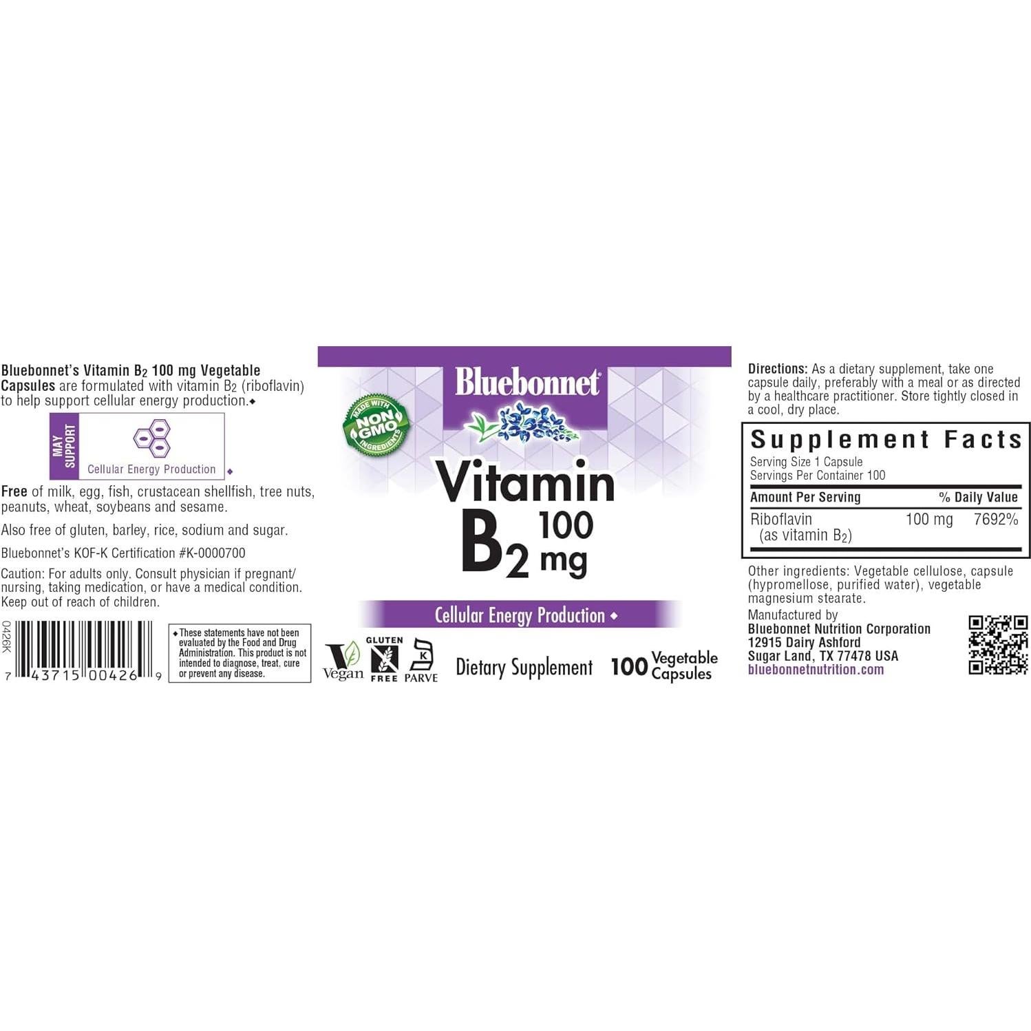 Vitaminas B2 Bluebonnet 100 mg - 100 Cápsulas Veganas