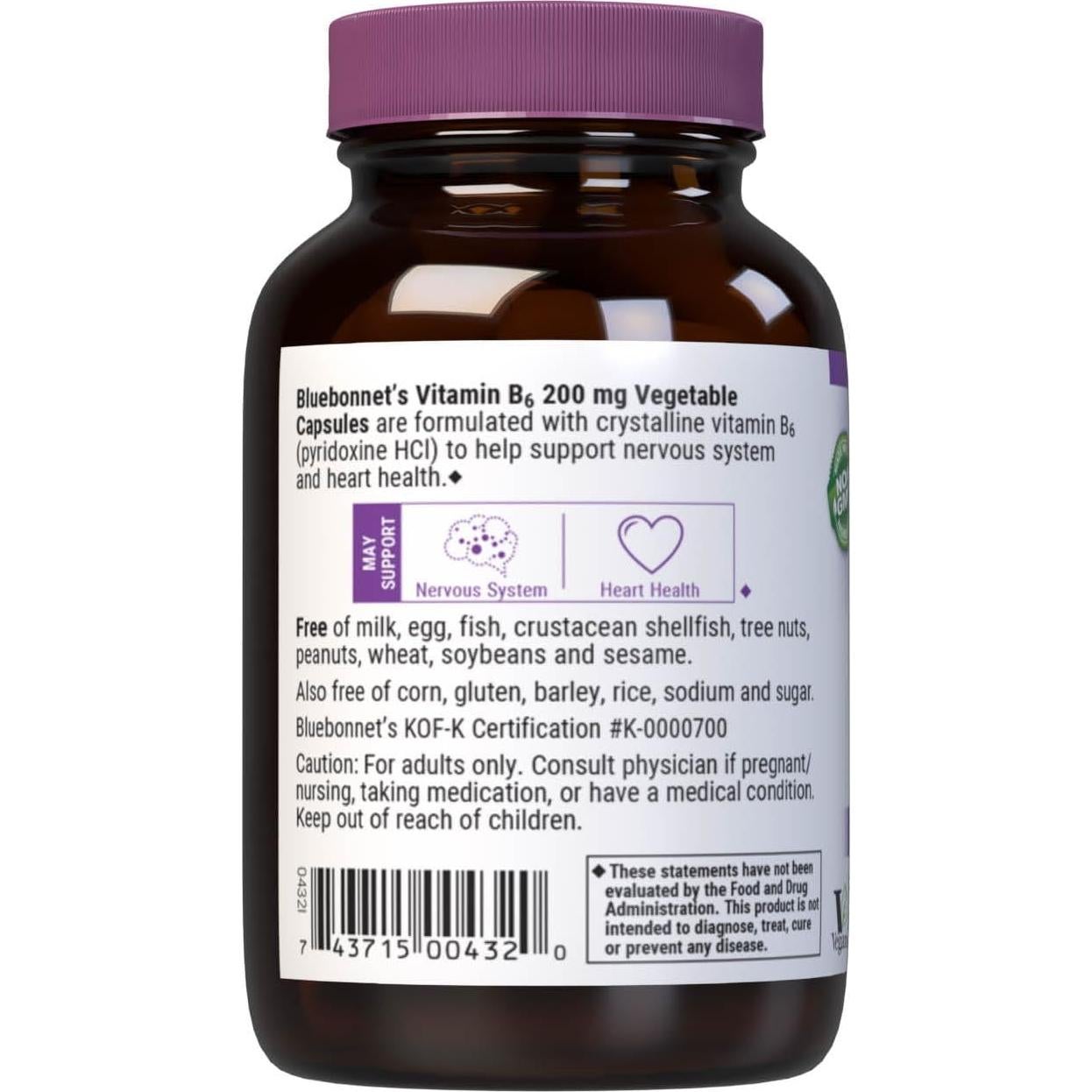 Cápsulas Vegetales Vitamina B6 200 mg Bluebonnet 90 Porciones