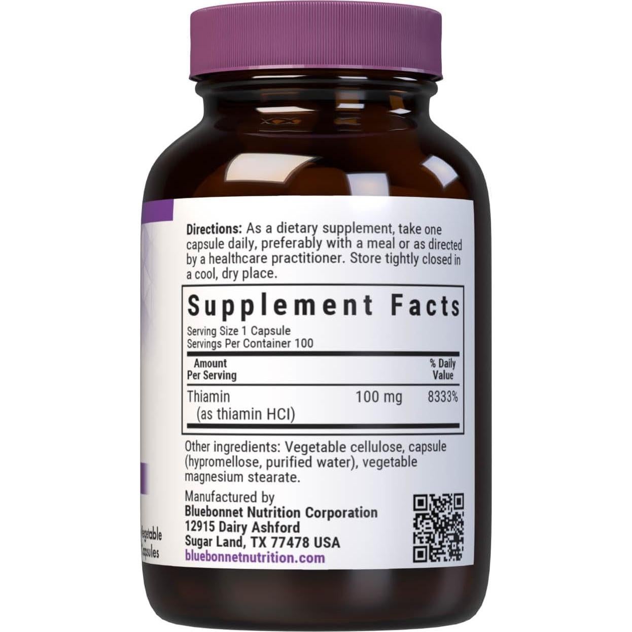 Vitamina B1 100 mg Bluebonnet - Tiamina HCl Vegana 100 Cápsulas