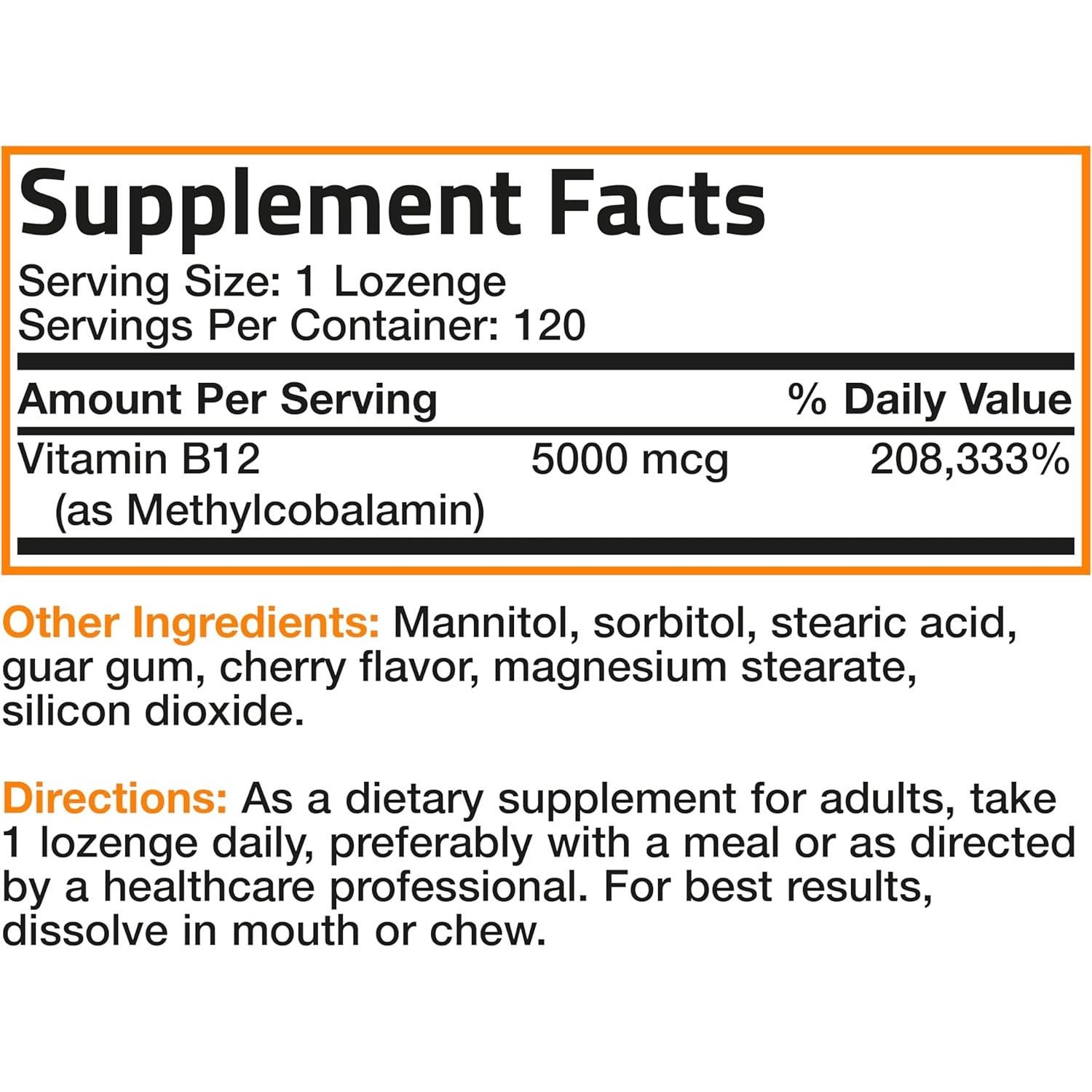 Vitamina B12 Metilcobalamina Bronson 5000 mcg 120 Tabletas Cereza