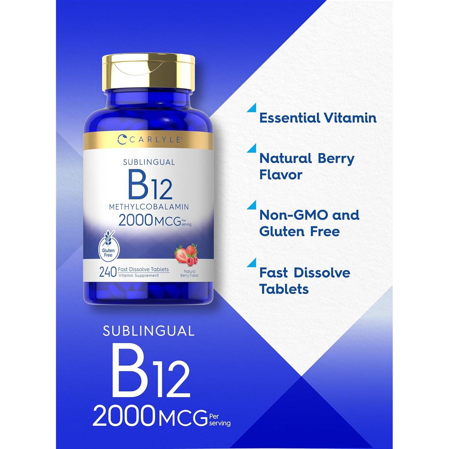 Carlyle Vitamina B12 Sublingual 2000 mcg 240 Tabletas Sabor Baya