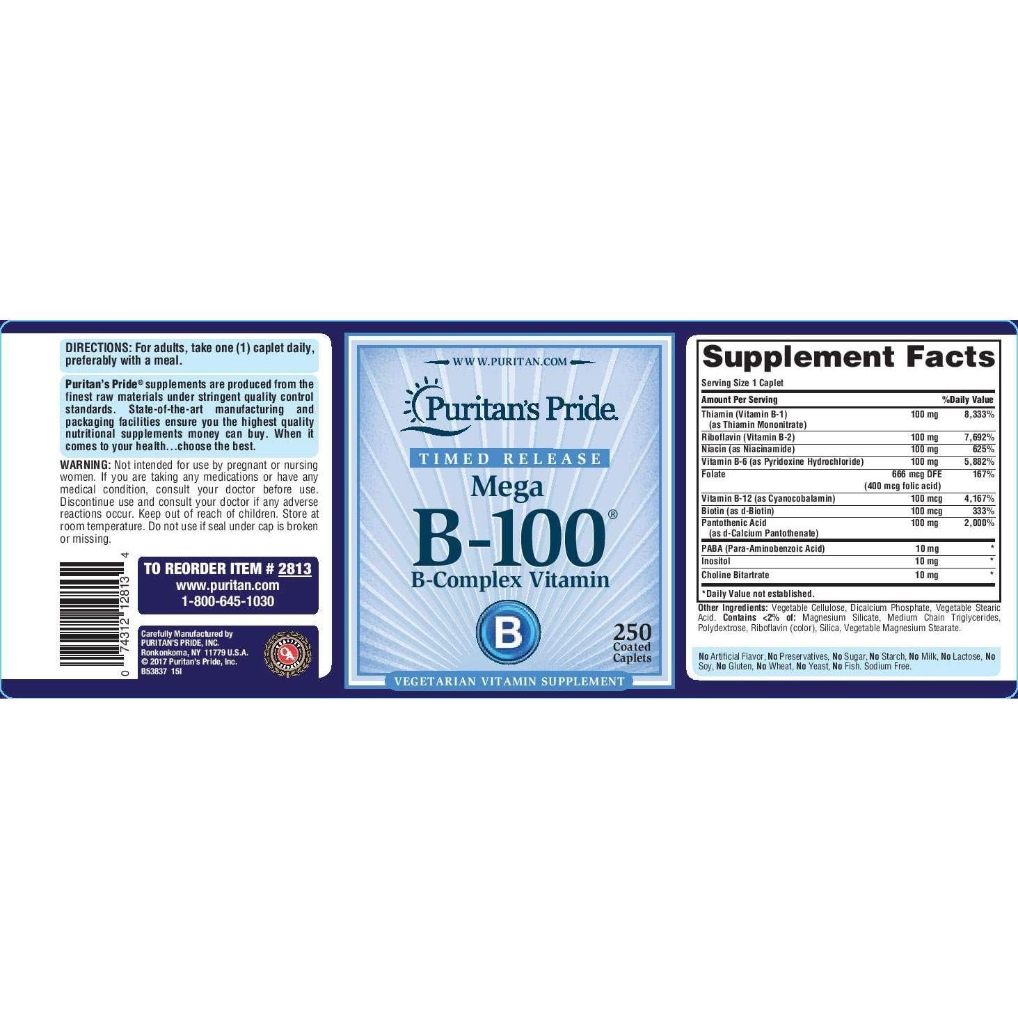 Puritan's Pride Complejo de Vitamina B-100 250 Tabletas