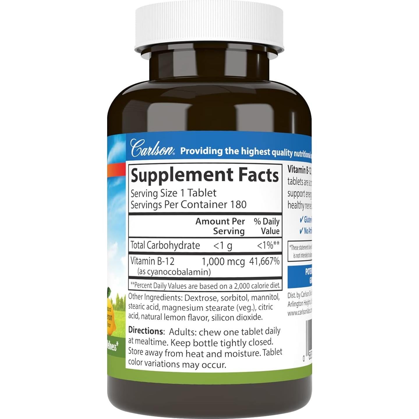 Vitaminas B-12 Masticables Carlson 1000 mcg Limón 180 tabletas