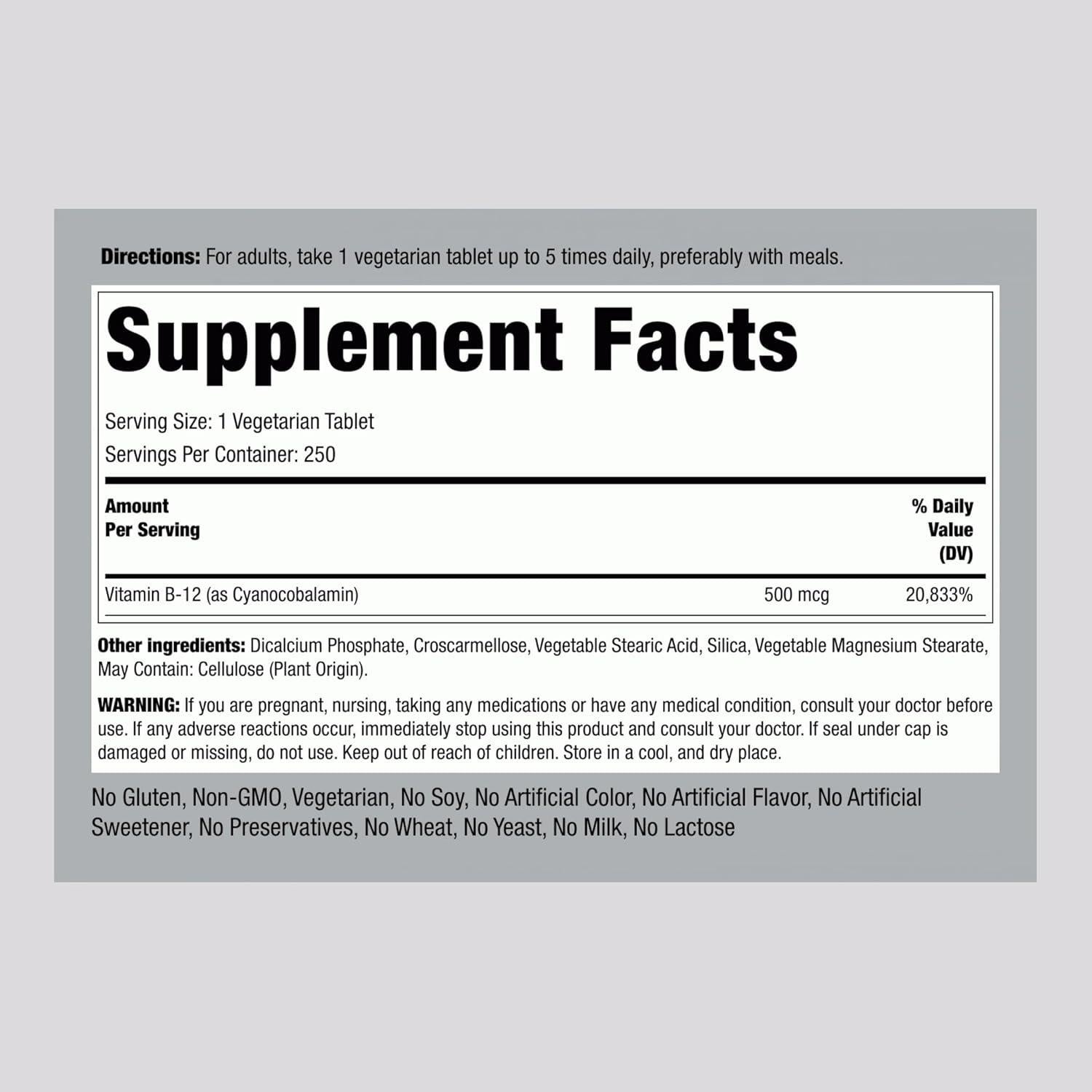 Vitamina B12 Piping Rock 500 mcg 250 Tabletas Vegetarianas