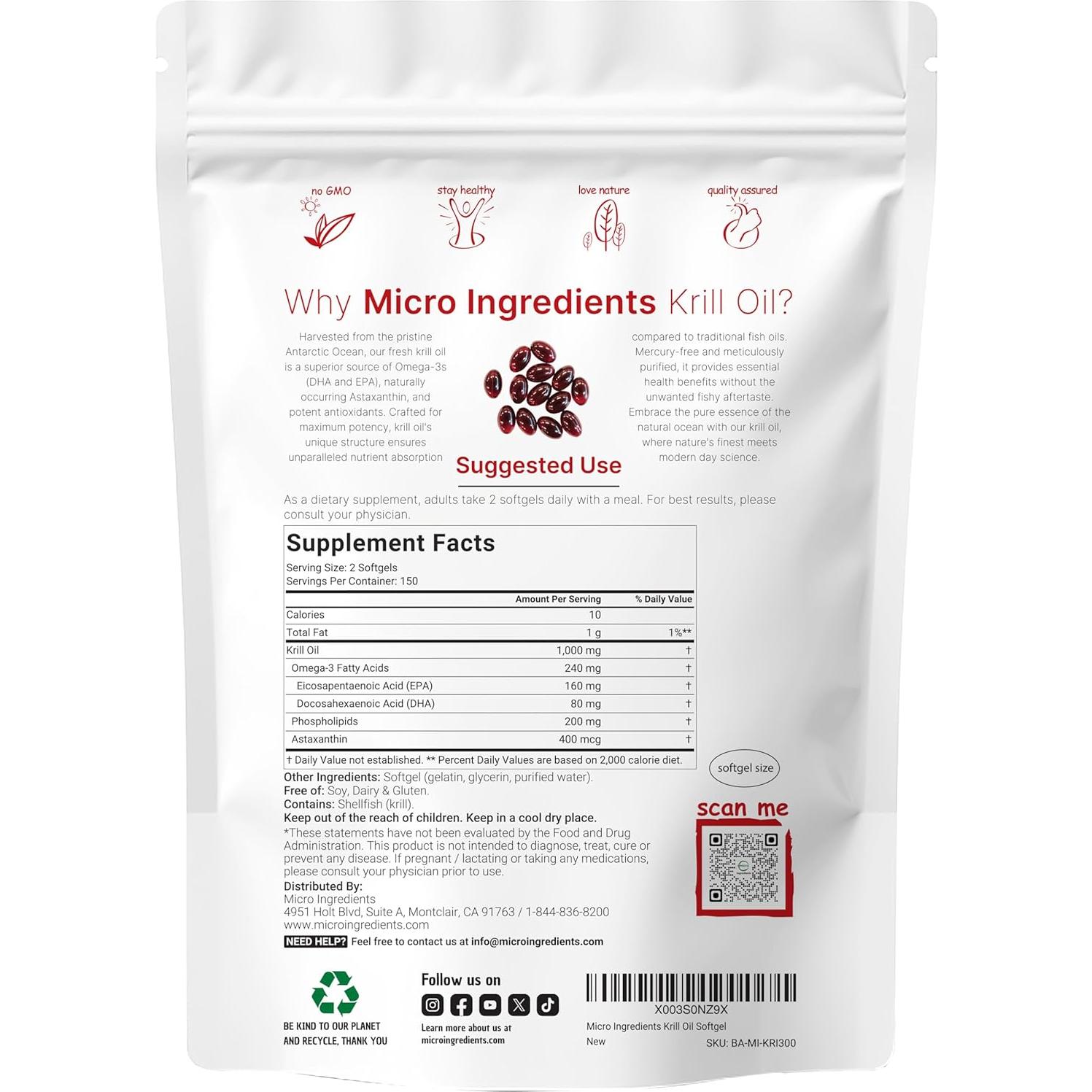 Suplemento Aceite de Kril Antártico Micro Ingredients 1000mg 300 Gelatinas