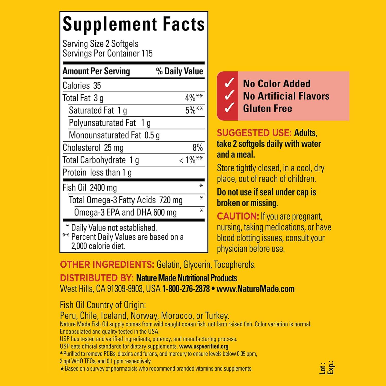 Suplemento Omega 3 Nature Made 1200 mg - 230 Cápsulas Blandas