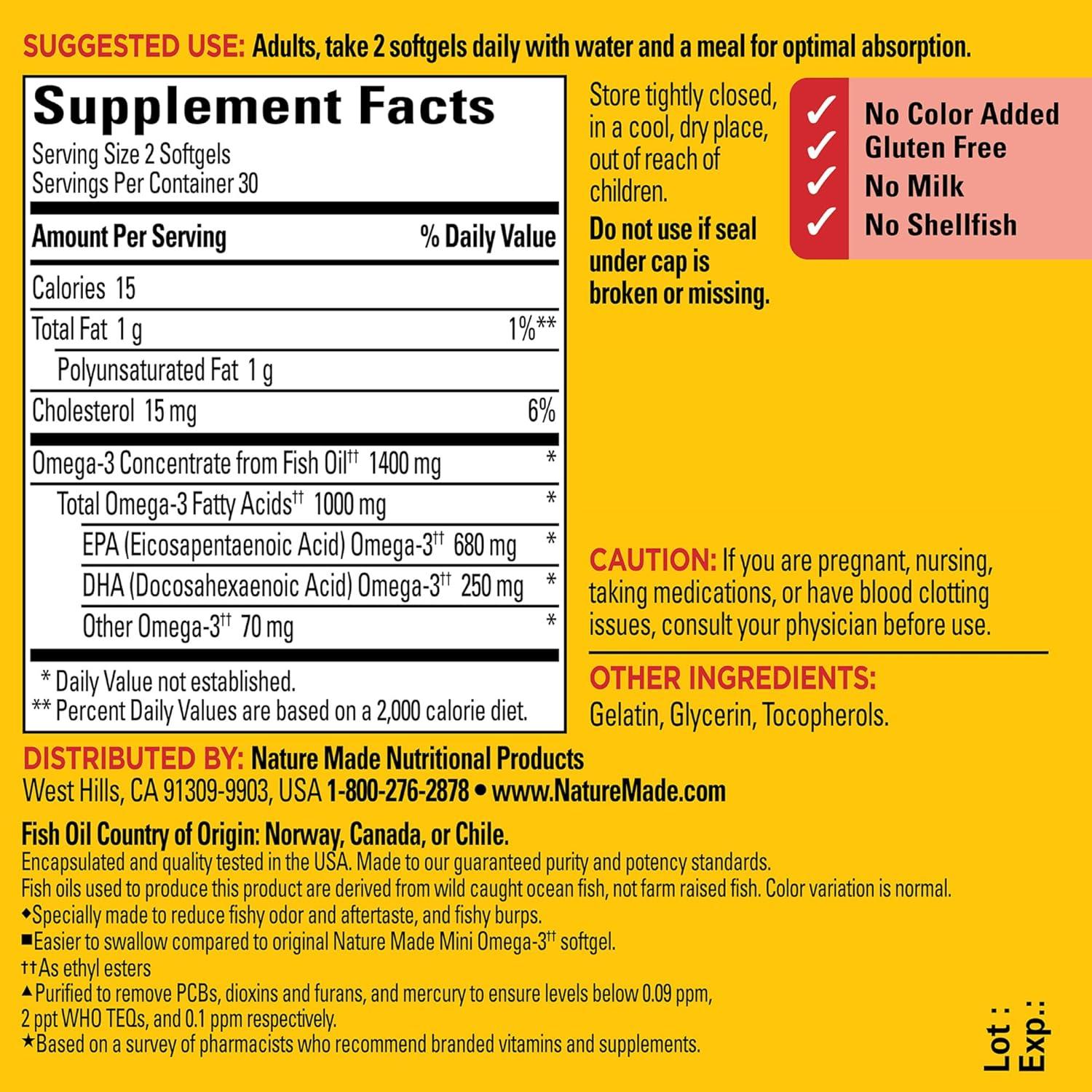 Suplemento Omega 3 Nature Made 1400 mg Sin Eructos 60 Gelatinas