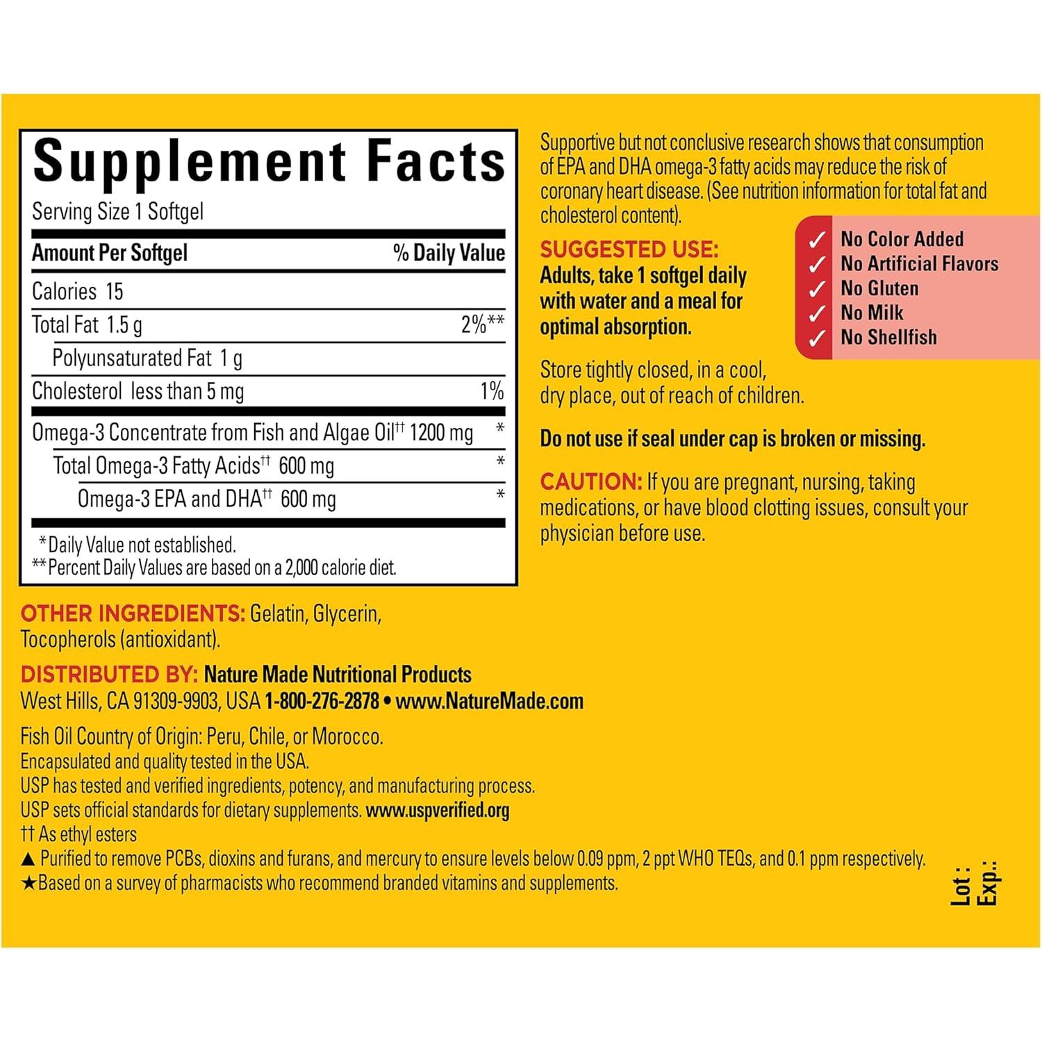 Nature Made Omega 3 Aceite de Pescado y Algas 1200mg 60 Gelatinas