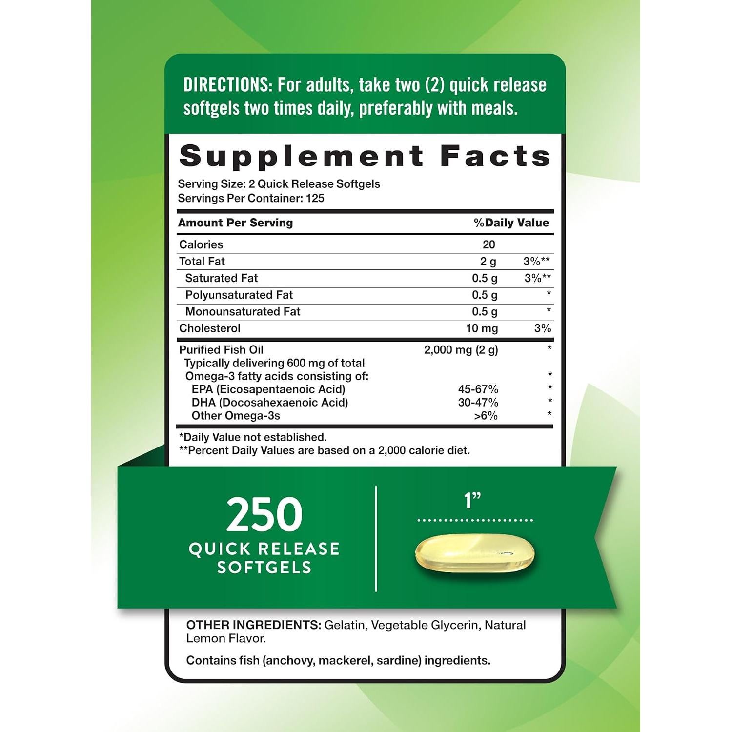 Aceite de Pescado Nature's Truth 2000 mg 600 mg Omega 3 250 Softgels