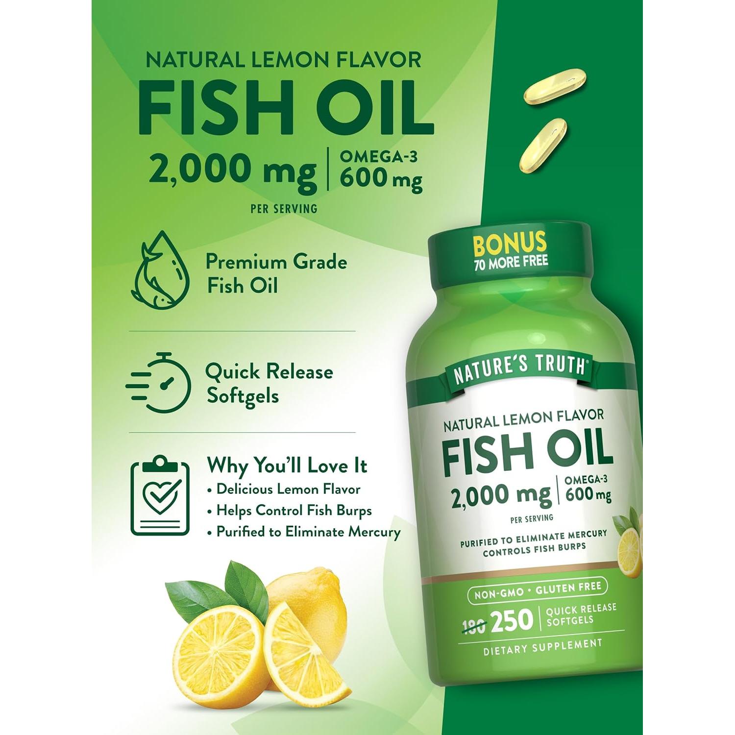 Aceite de Pescado Nature's Truth 2000 mg 600 mg Omega 3 250 Softgels