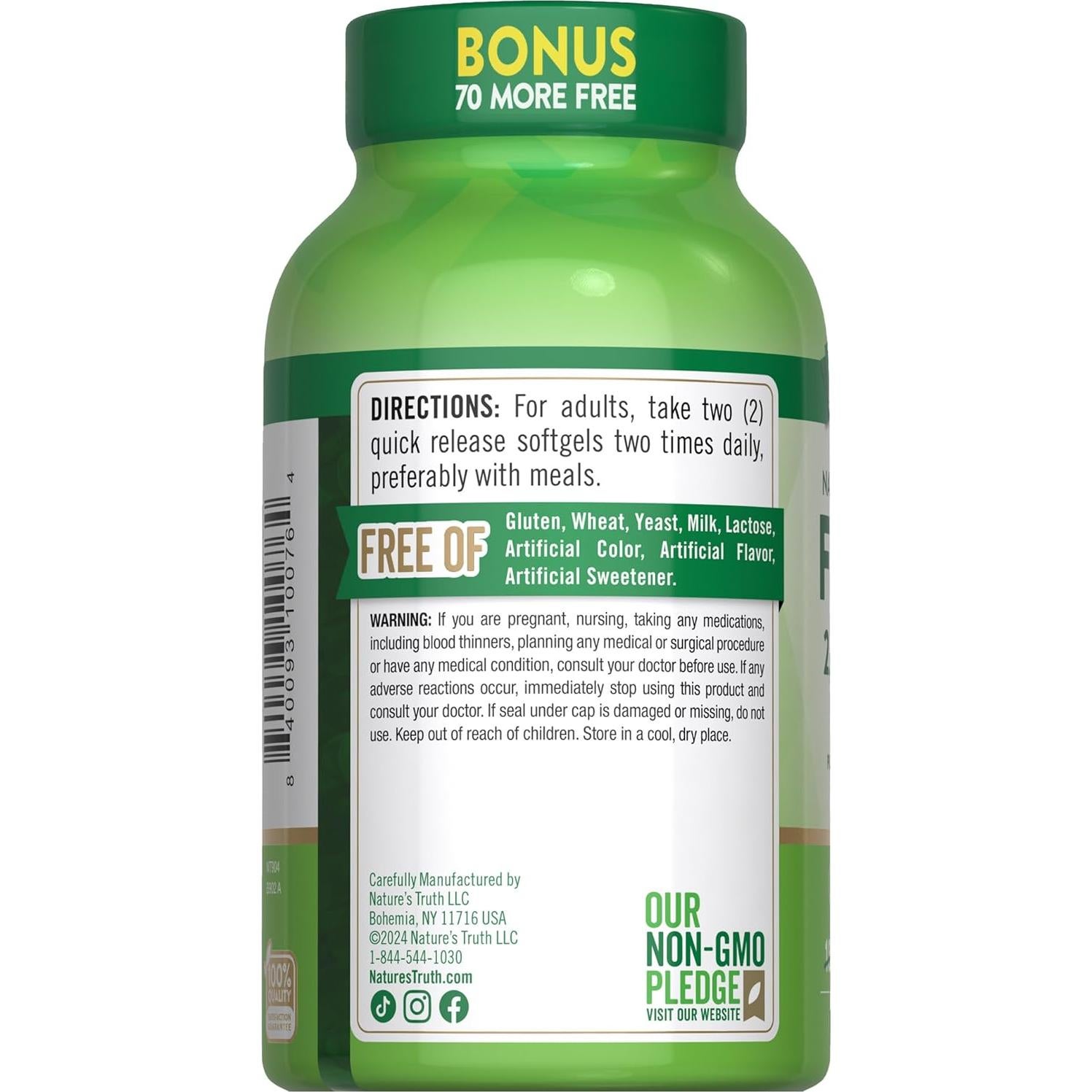 Aceite de Pescado Nature's Truth 2000 mg 600 mg Omega 3 250 Softgels