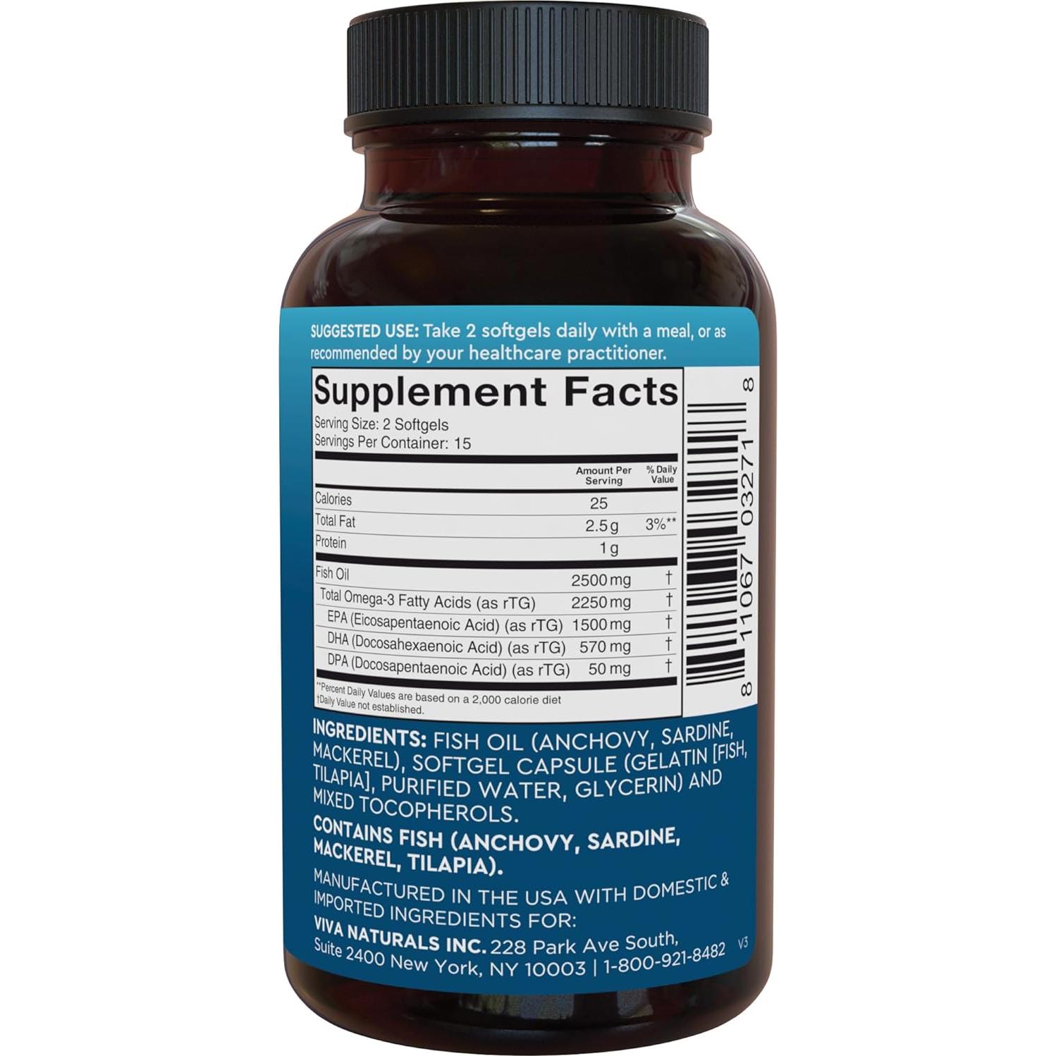 Suplemento Omega 3 Viva Naturals 2500 mg - 30 Cápsulas Blandas