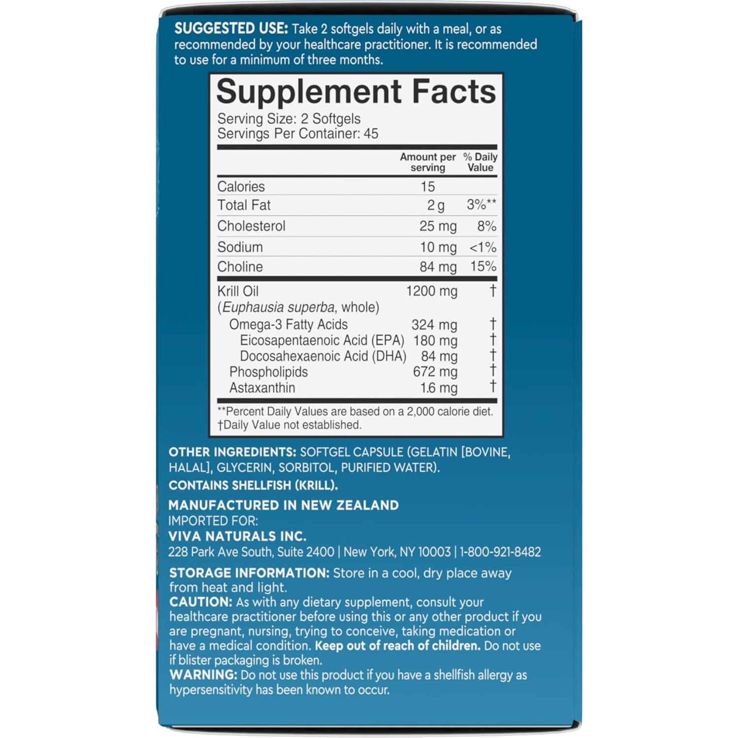 Suplemento de Aceite de Kril Viva Naturals 1200 mg Omega-3 90 Cápsulas