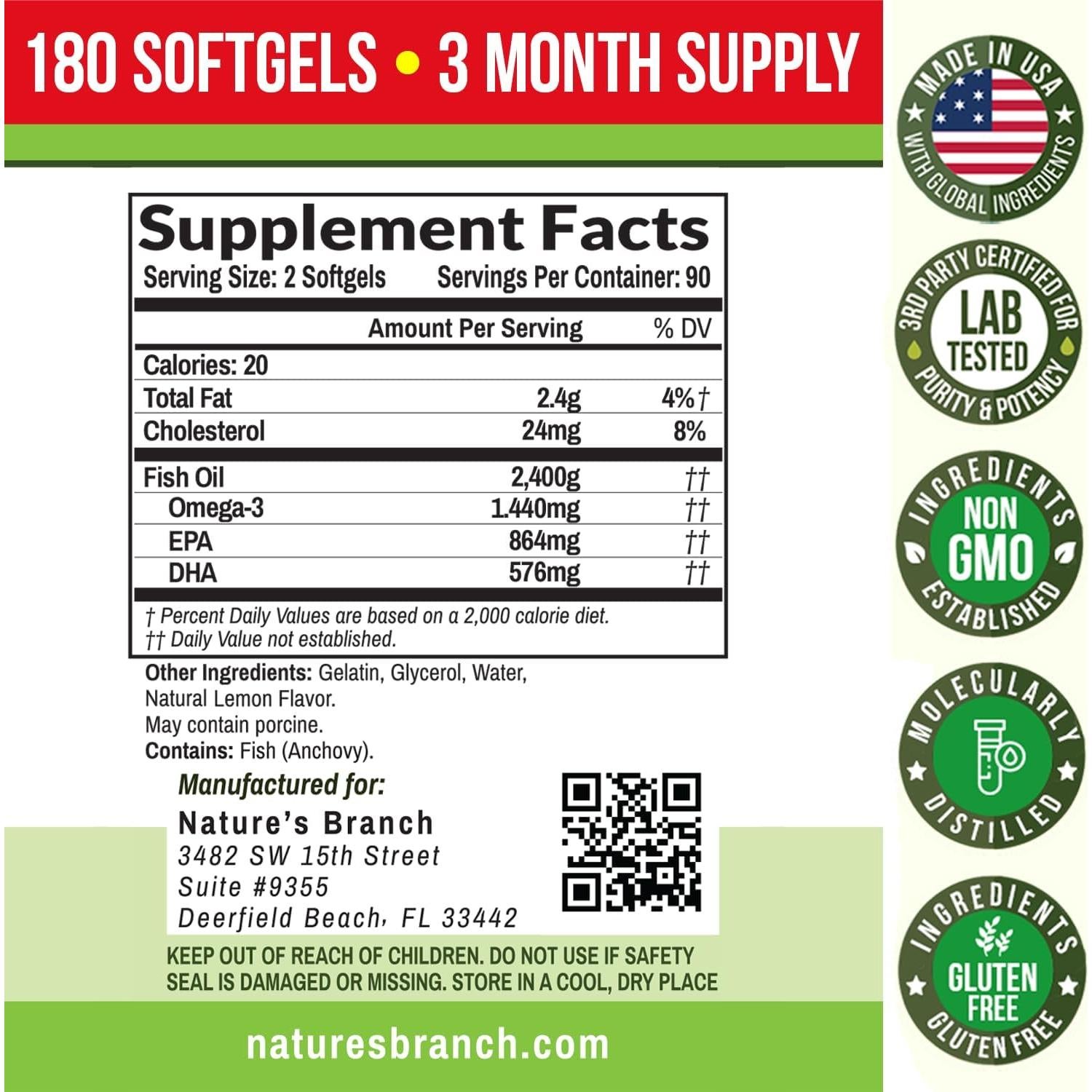 Cápsulas de Aceite de Pescado Omega 3 Nature's Branch 180 Unidades