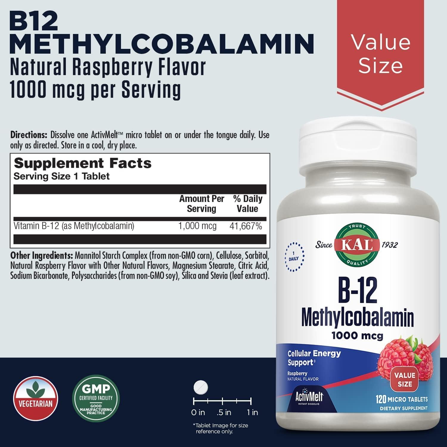 KAL Vitamina B12 Metilcobalamina 1000mcg 120 Microtabletas