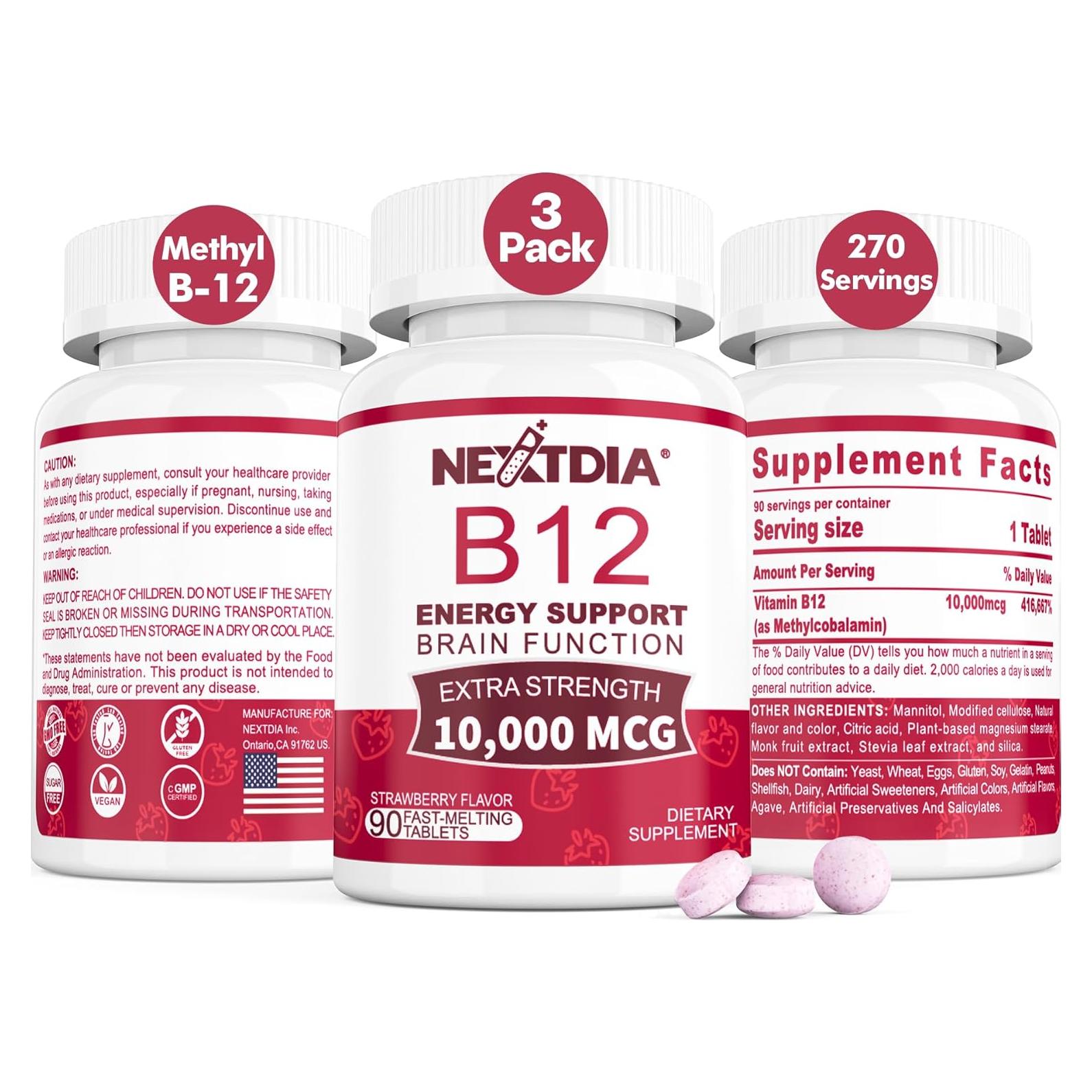 Vitaminas B12 Metilada Sublingual Nextdia 10,000 mcg 90 Tabletas