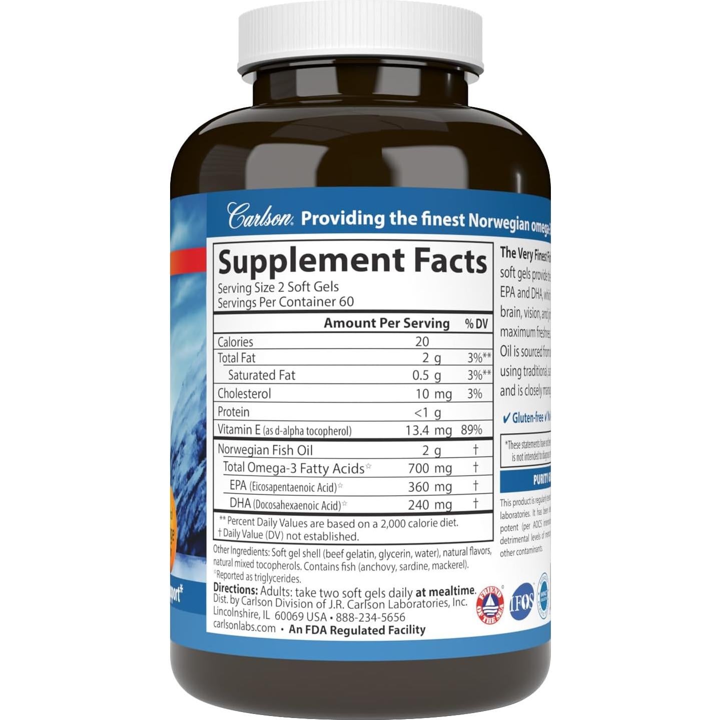 Suplemento Omega 3 Carlson 700 mg - 120 Gelatinas Blandas Naranja