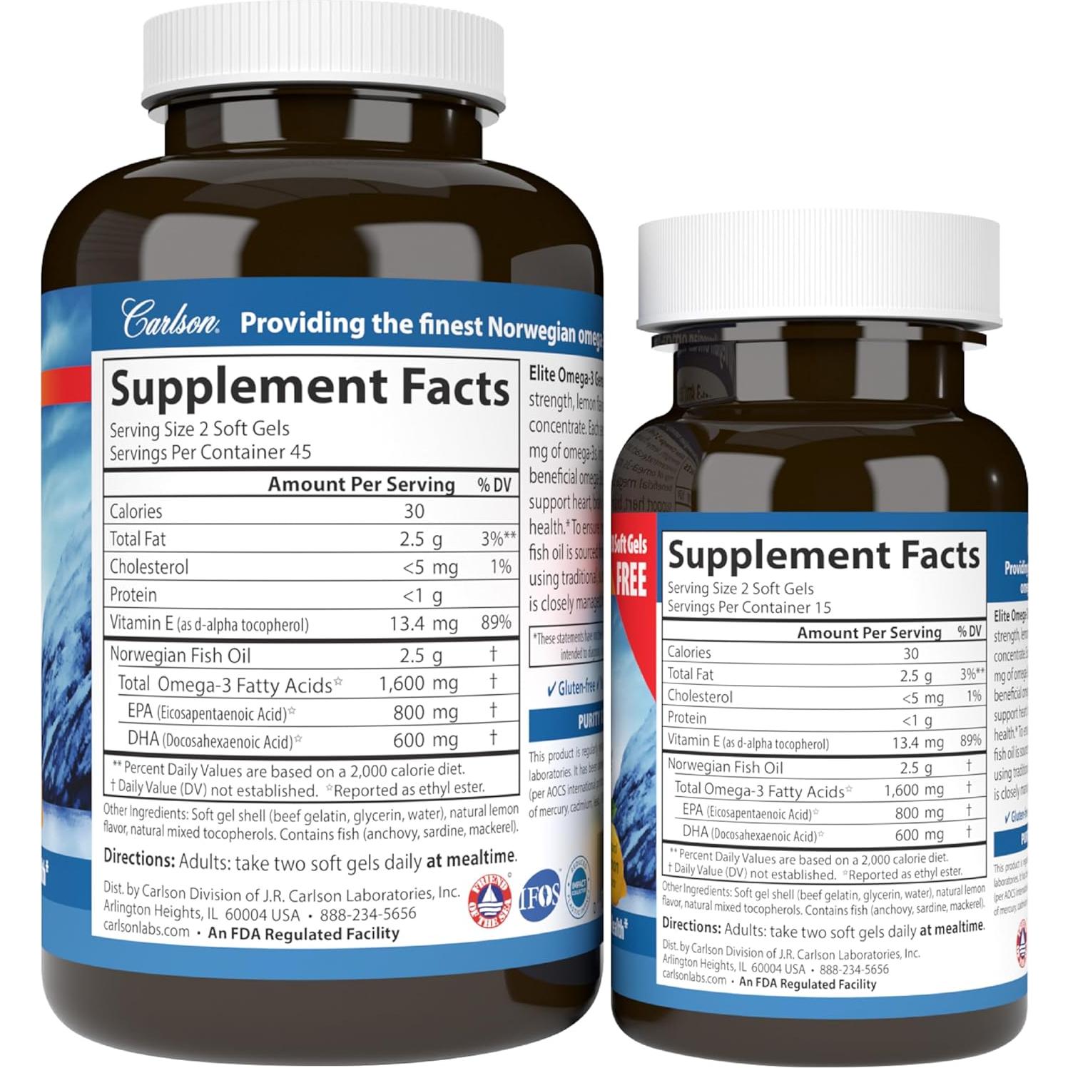 Suplemento Omega-3 Carlson 1600 mg 90+30 Cápsulas Limón