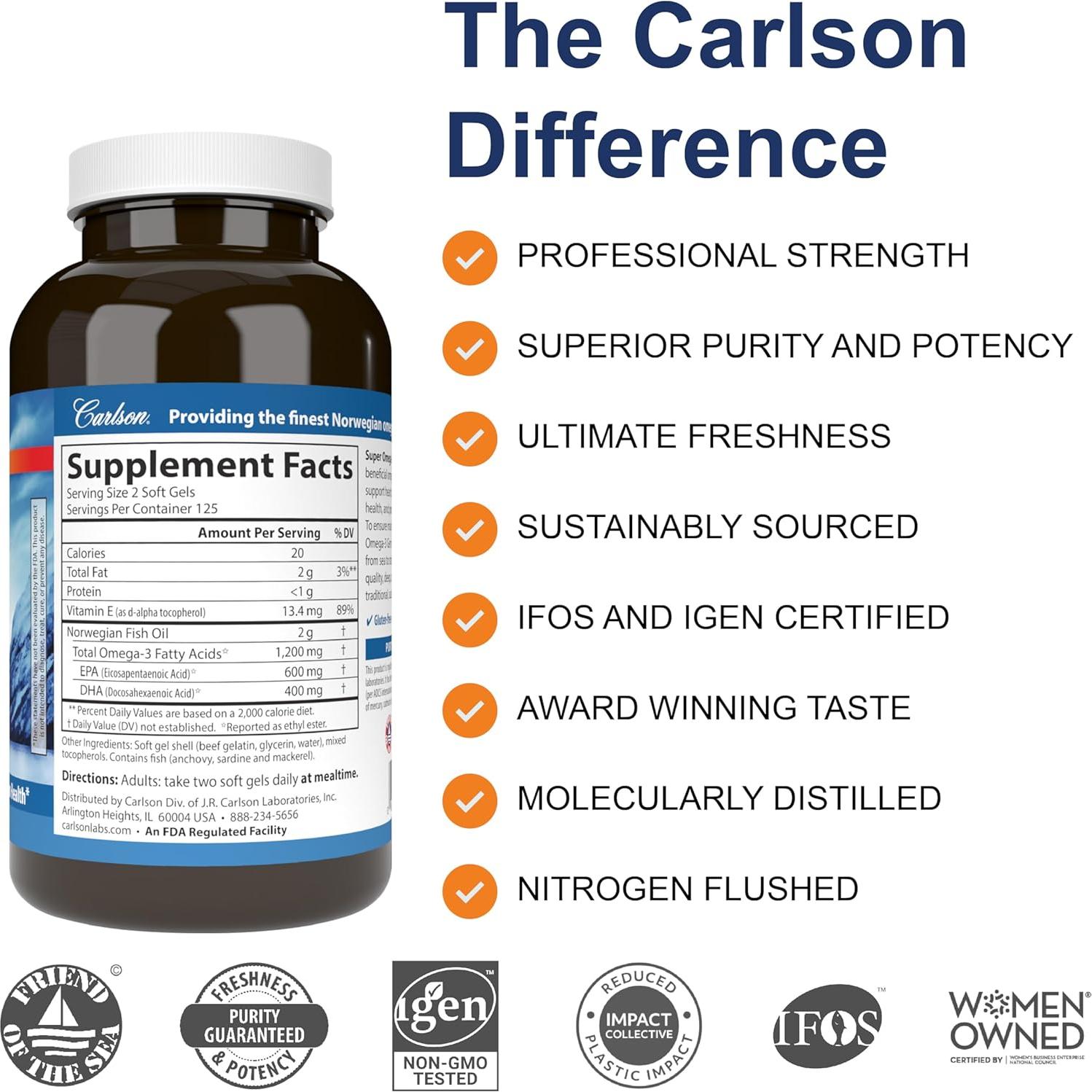 Carlson Omega-3 Gems 1200 mg, 250 geles blandos, Salud Natural