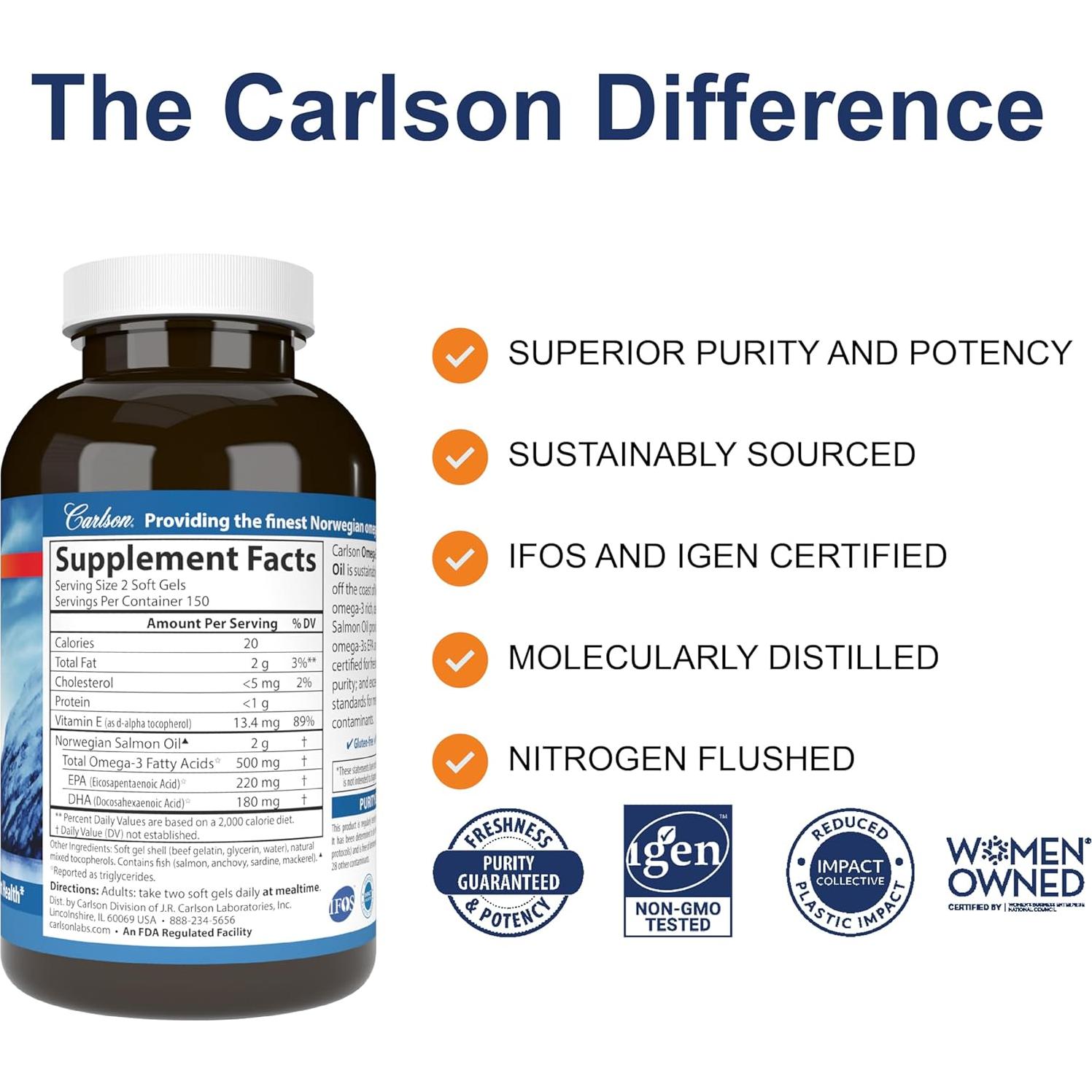 Aceite de Salmón Carlson 500 mg Omega-3 300 Cápsulas