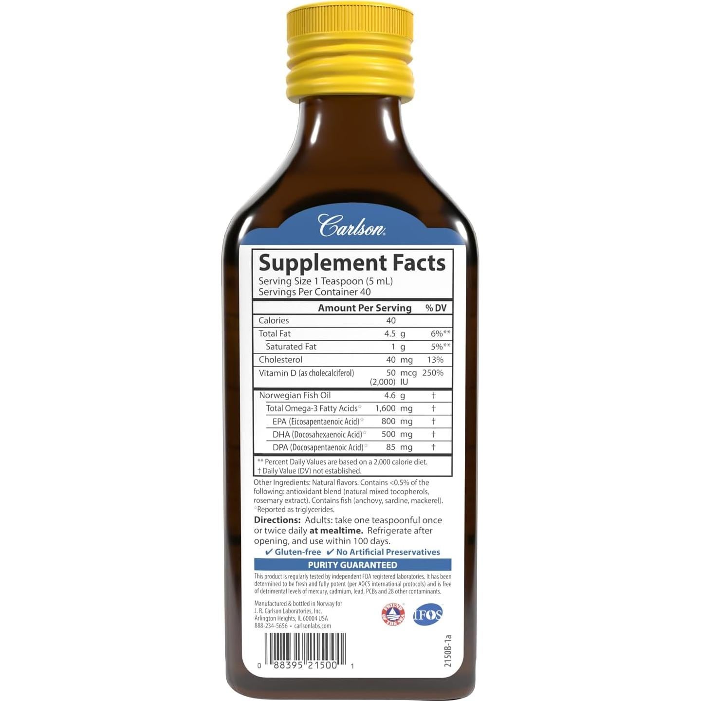 Aceite de Pescado Carlson + D3 200 mL - 1600 mg Omega-3s