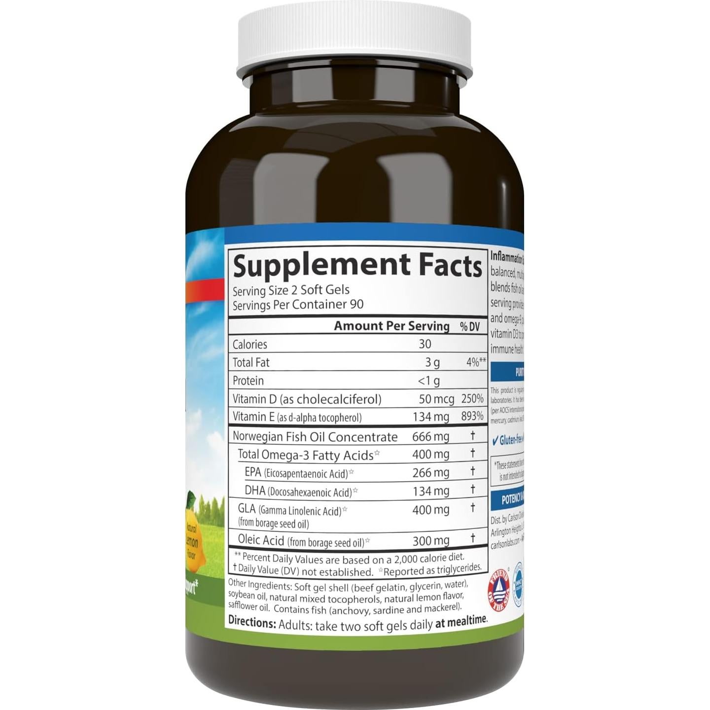 Suplemento de Aceite de Pescado Carlson 180 Cápsulas Omega-3 D3