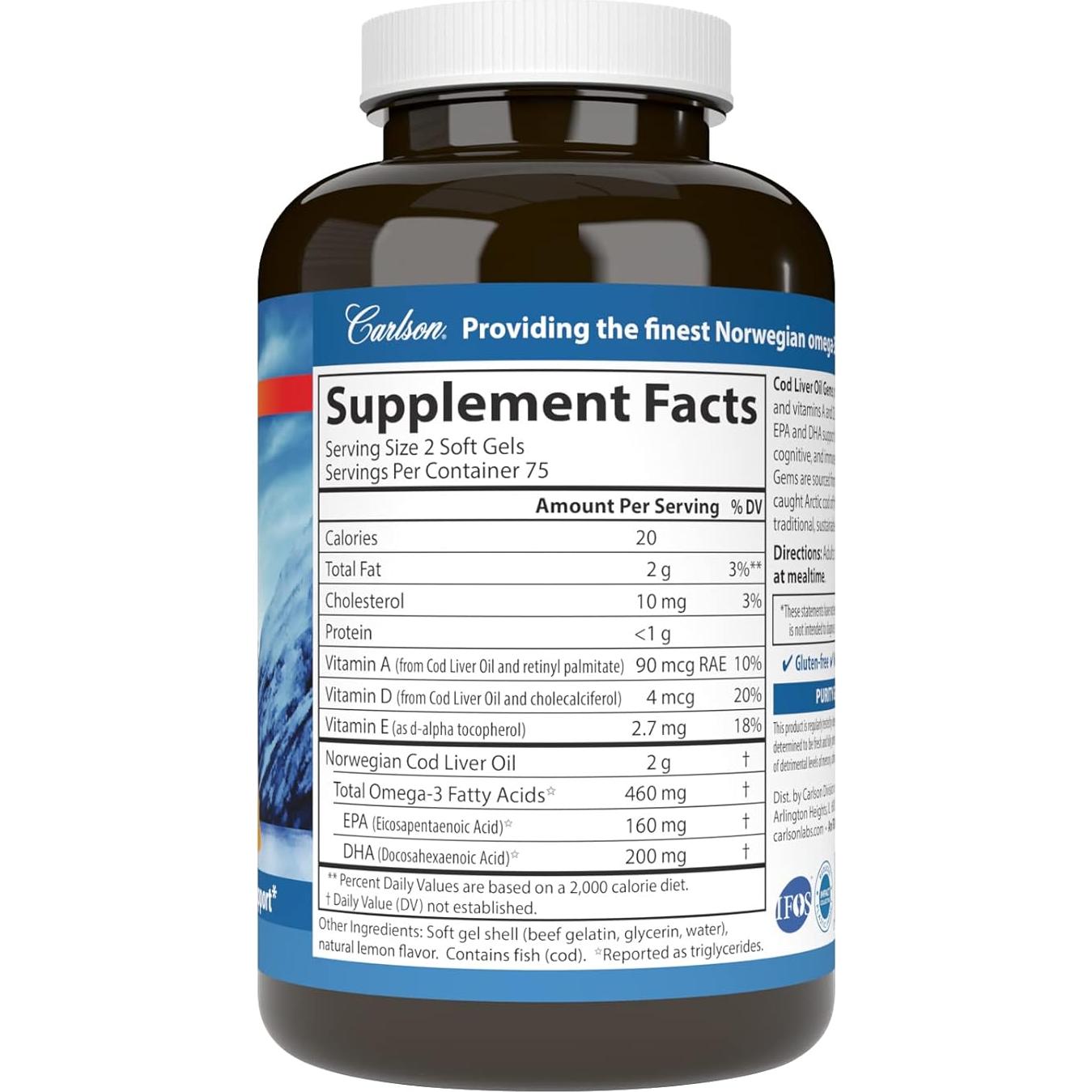 Cápsulas de Aceite de Hígado de Bacalao Carlson 460 mg Omega-3